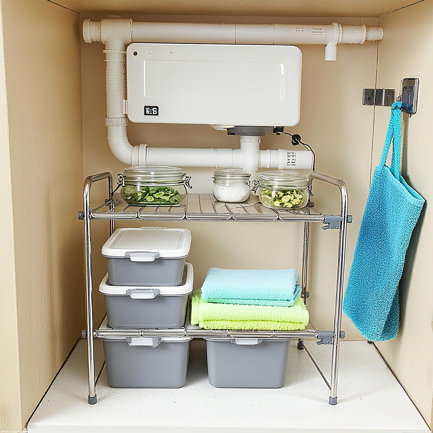 SONWIN Under Sink Organizers and Storage，2 Tier Expandable Under Cabinet Organizer Shelf for Under Kitchen Bathroom Sink Organizers and Storage