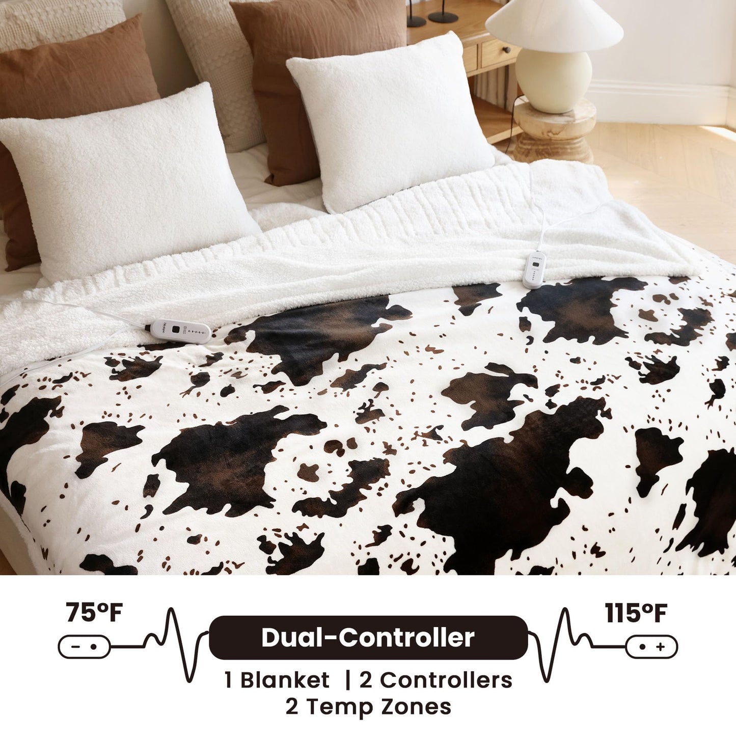blunique Heated Blanket Queen Blanket - Fast Heating Electric Blanket, Soft Flannel Heated Queen with 4 Time Settings,10 Heating Settings, Warm Gifts for Women & Mom & Grandma(84"x90"Cow Print White)