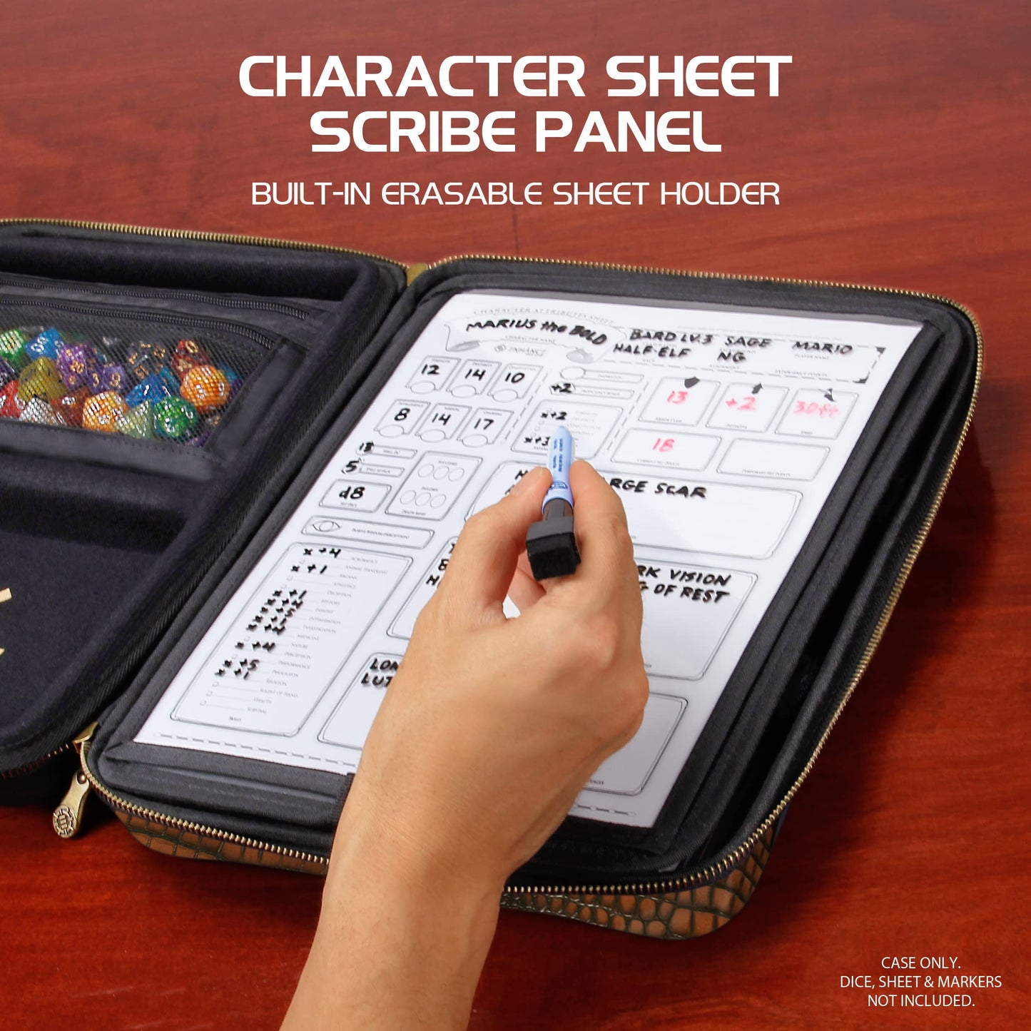 ENHANCE Collector's Edition RPG Organizer Case - DND Binder with Built-in Character Sheet Holder and Erasable Scribe Panel, Dice Rolling Area, Removable Pen Pouch, Miniature Foam Tray (Dragon Brown)