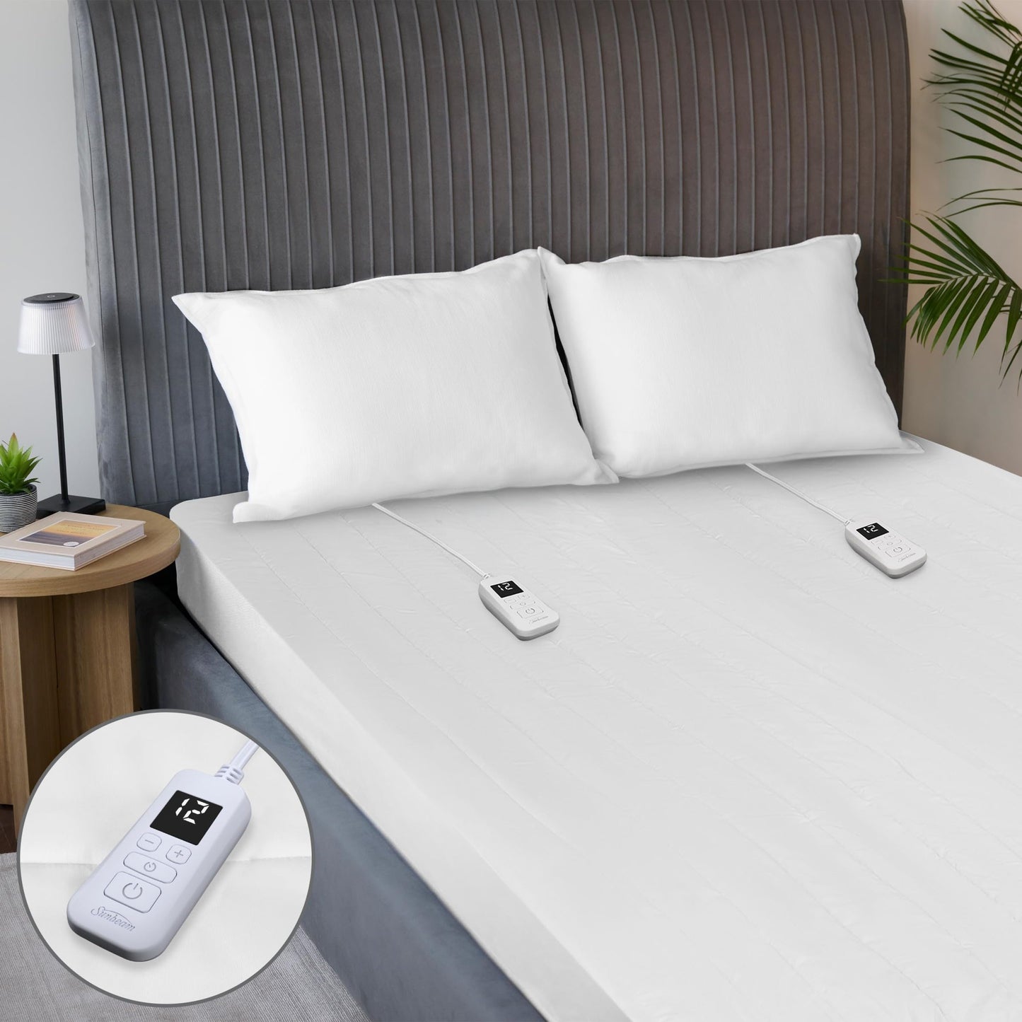 Sunbeam Electric Restful Quilted Heated Mattress Pad Queen 80" x 60" 12 Heat Settings 12-Hour Auto Shut-Off Extra-Cozy Fabric Deep Pocket Fit Machine Washable