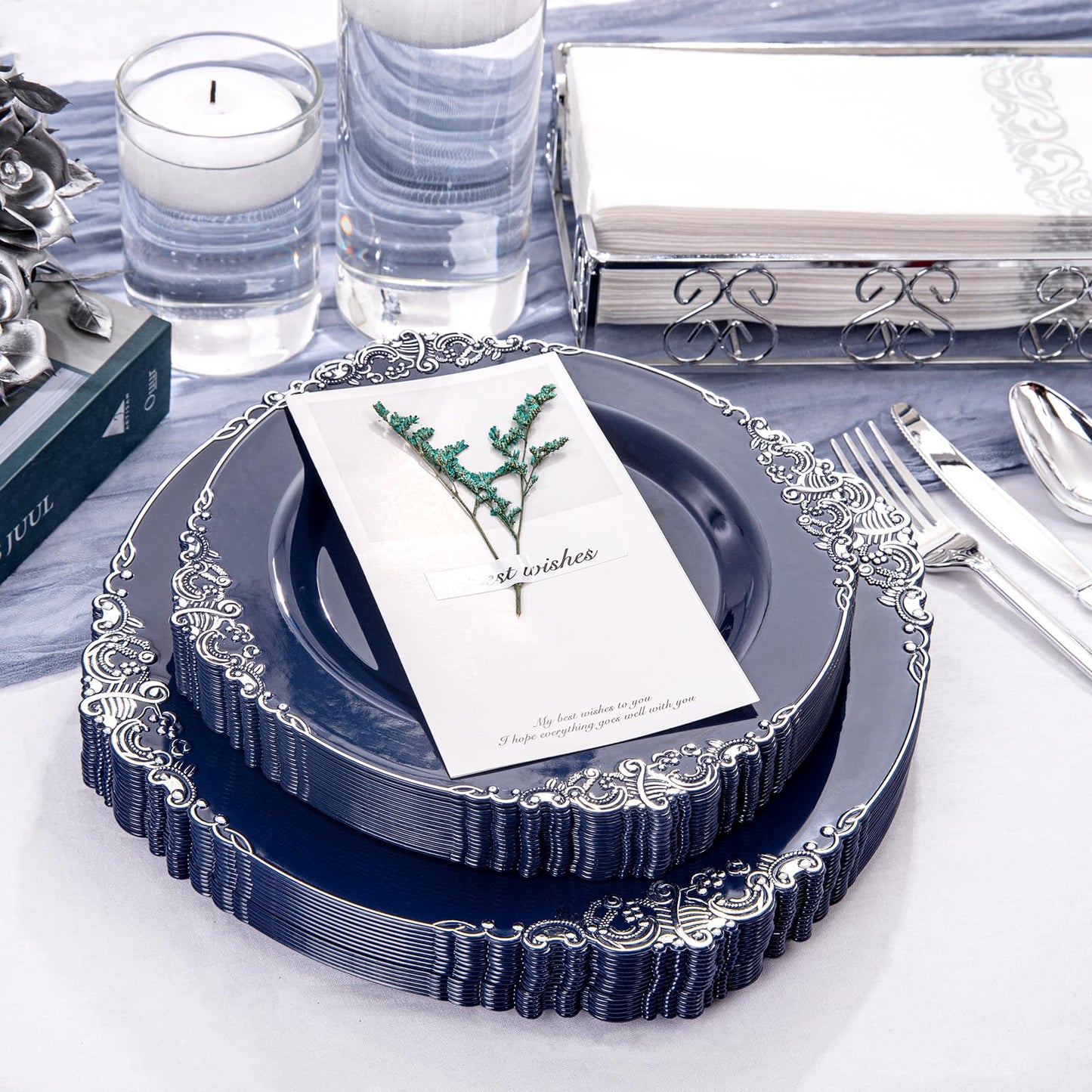 Hioasis 175pcs Blue and Silver Plastic Plates - Elegant Disposable Dinnerware Set Suitable for 25 Guests Include 10.25" Dinner & 7.5" Dessert Plates, Cutlery, Napkins, Cups for Party & Wedding