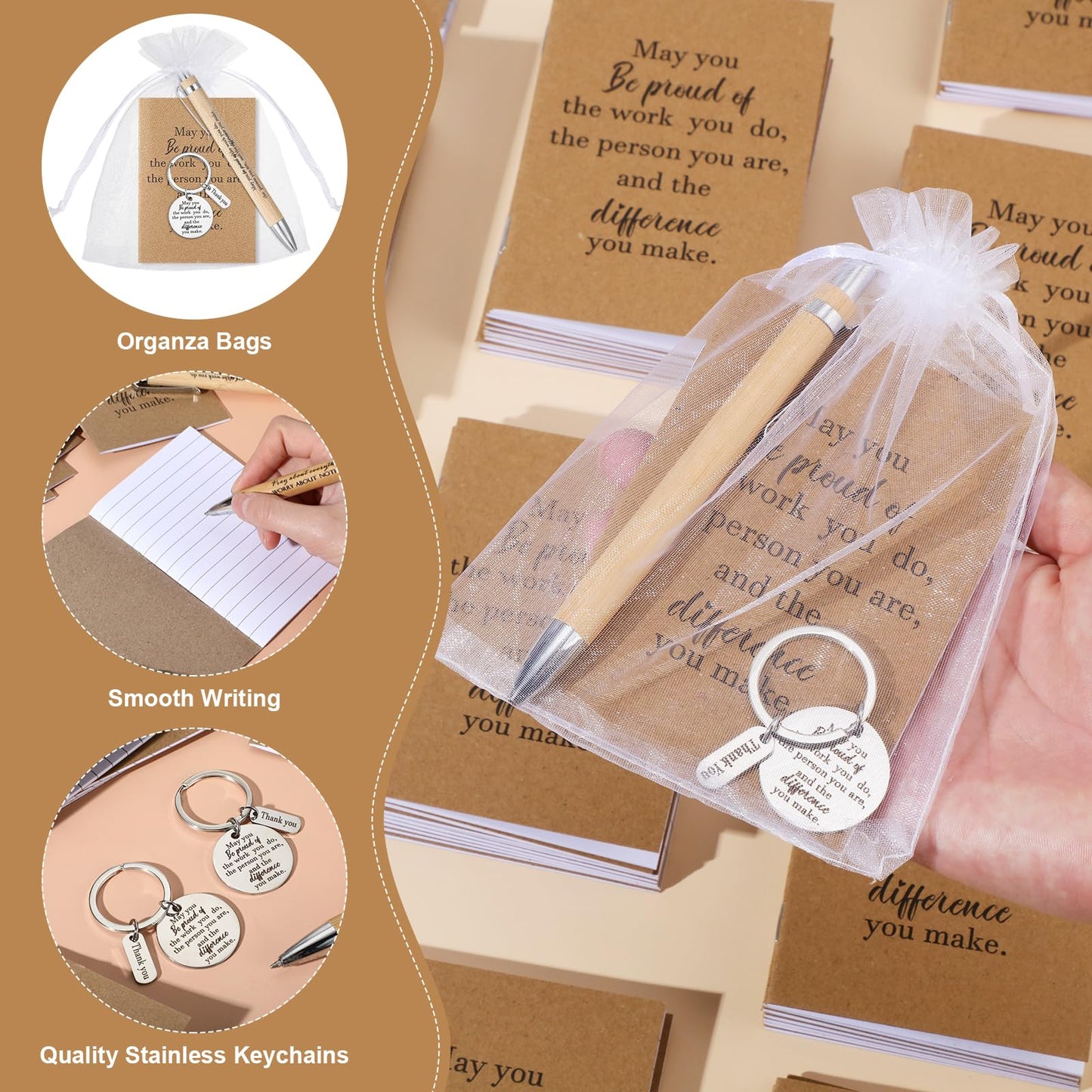 Kosiz 50 Sets Employee Appreciation Gifts Bulk Thank You Notebooks Bamboo Pens Keychains Back to School Gifts for Students