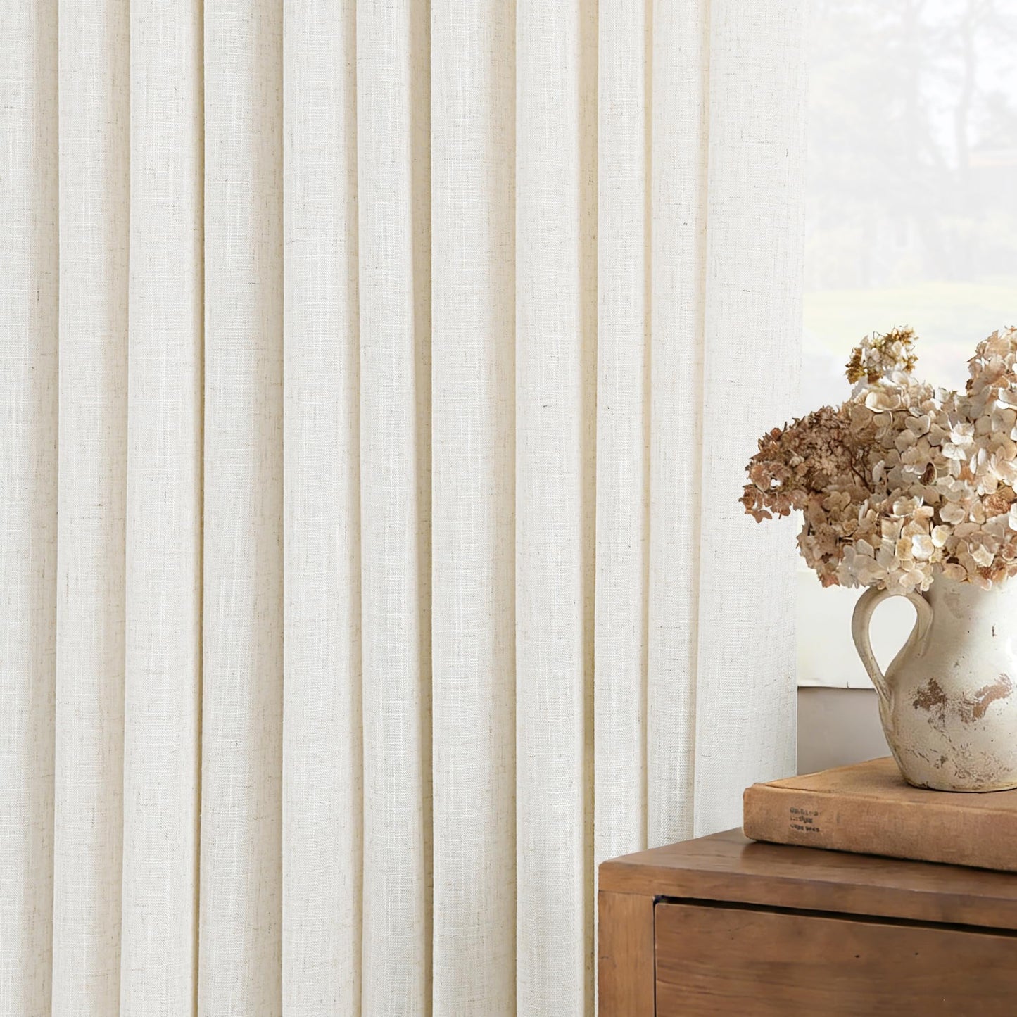 Triple Pinch Pleated 90 inch Long Linen Curtains 2 Panels Set for Living Room Track System Curtains Neutral Modern Farmhouse Light Filtering Semi Sheer Linen Blend Pinch Pleat Drapes 90 Length Cream