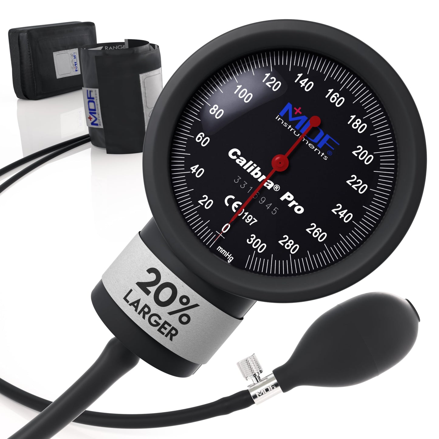 MDF Instruments, Extra Large Gauge Calibra Pro Aneroid Sphygmomanometer with Shock Guard & Adult Sized Cuff Included, Lifetime Calibration, Black Dial, Black Cuff, MDF808B11