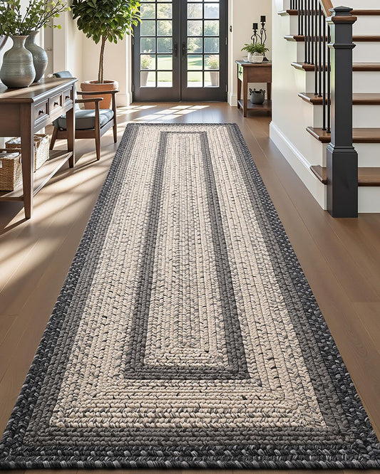 DEXI Woven Hallway Runner Rug, 3x7 Rustic Braided Vintage Carpets, Non Slip Indoor Outdoor Farmhouse Floor Rugs for Entryway, Kitchen, Laundry Room, Black/Ivory