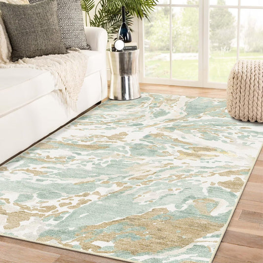 DEXDE 5x7 Area Rug for Living Room Bedroom, Washable Modern Abstract Non Slip Large Soft Rugs Low Pile Floor Carpet for Dining Room Bedroom Kitchen Office Nursery Playroom, Green