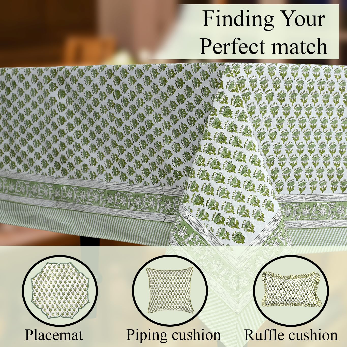 CPC Tablecloth 100% Cotton 70x118 Inch Indian Block Print Rectangle Table Cover, Table Cloth for Weddings, Spring/Summer, Barbeque - Emerald Green