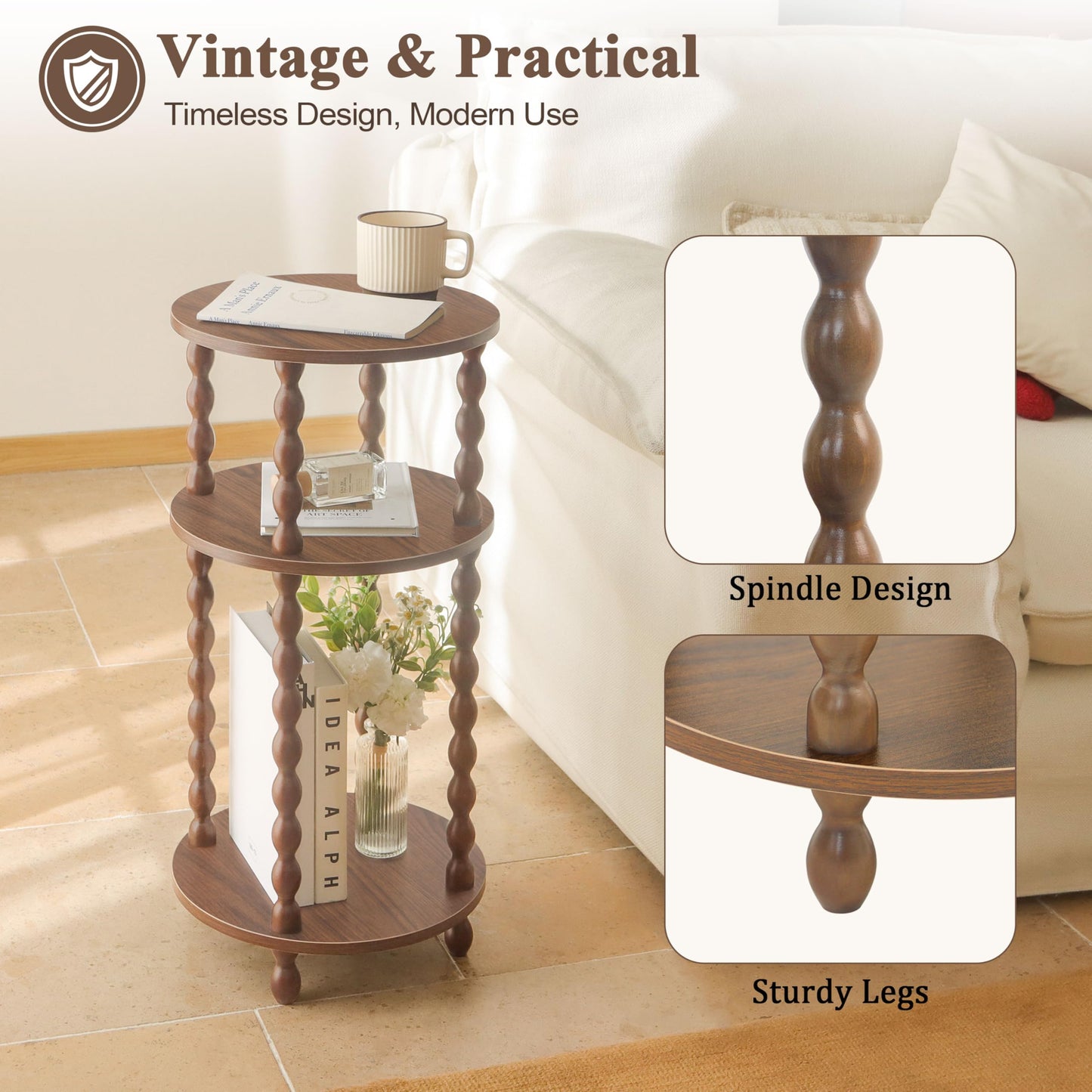 AWASEN Small Round End Table, Round Side Table with 3-Tier Open Shelf for Small Spaces, Wood Accent Table Nightstand for Bedroom, Living Room, Office, Walnut Brown