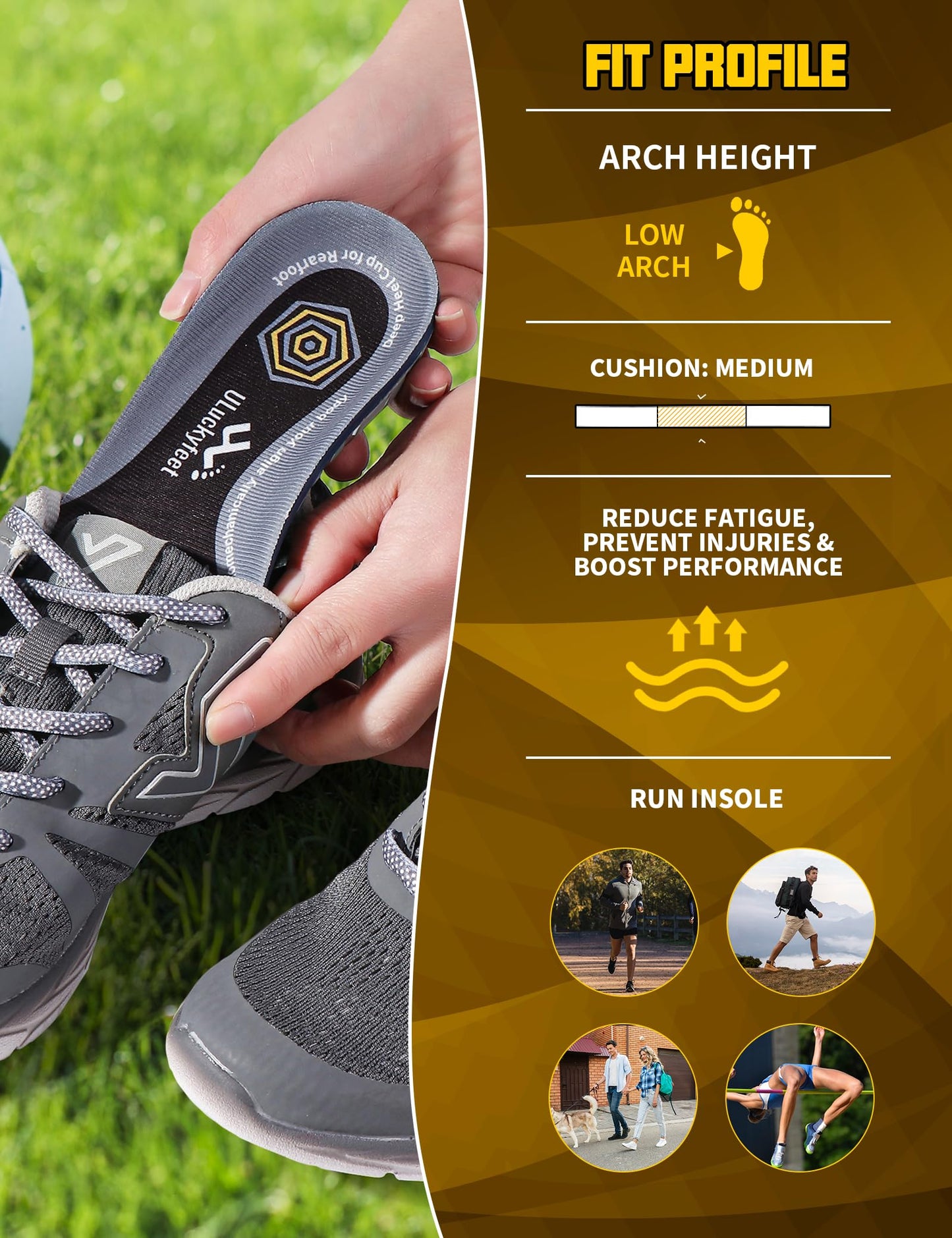 Plantar Fasciitis Relief Shoe Insoles, Running Insoles for Men Women & Extra Shock Absorption Boosts Sports Performance & Arch Support Inserts for Reduce Fatigue -Low Arch Running Shoe Inserts