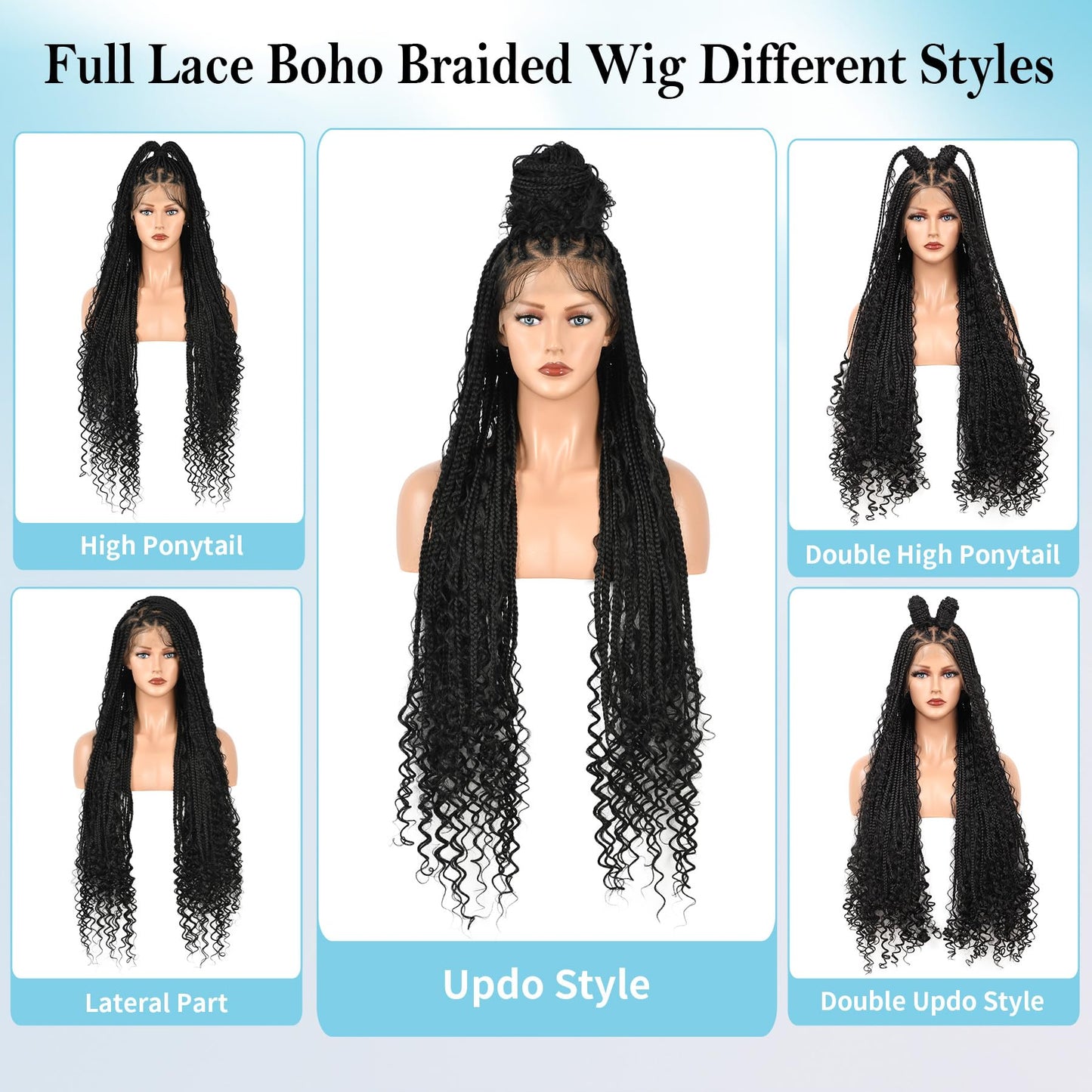 Olymei Boho Braided Wig Box Braid Wig Triangle Knotless Braided Wigs for Women Box Braid with Boho Curls Wig Braided Lace Front Wigs Full Double Lace Front Braided Wigs 36" Black