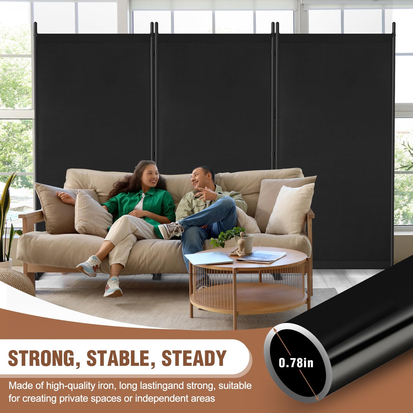 Yettsoy Room Divider 6FT Folding Privacy Partition Screen, 103'' W Freestanding Wall Divider for Room Separation, Portable 3 Panel Room Divider Panel Privacy Screen for Dorm Studio Office, Black
