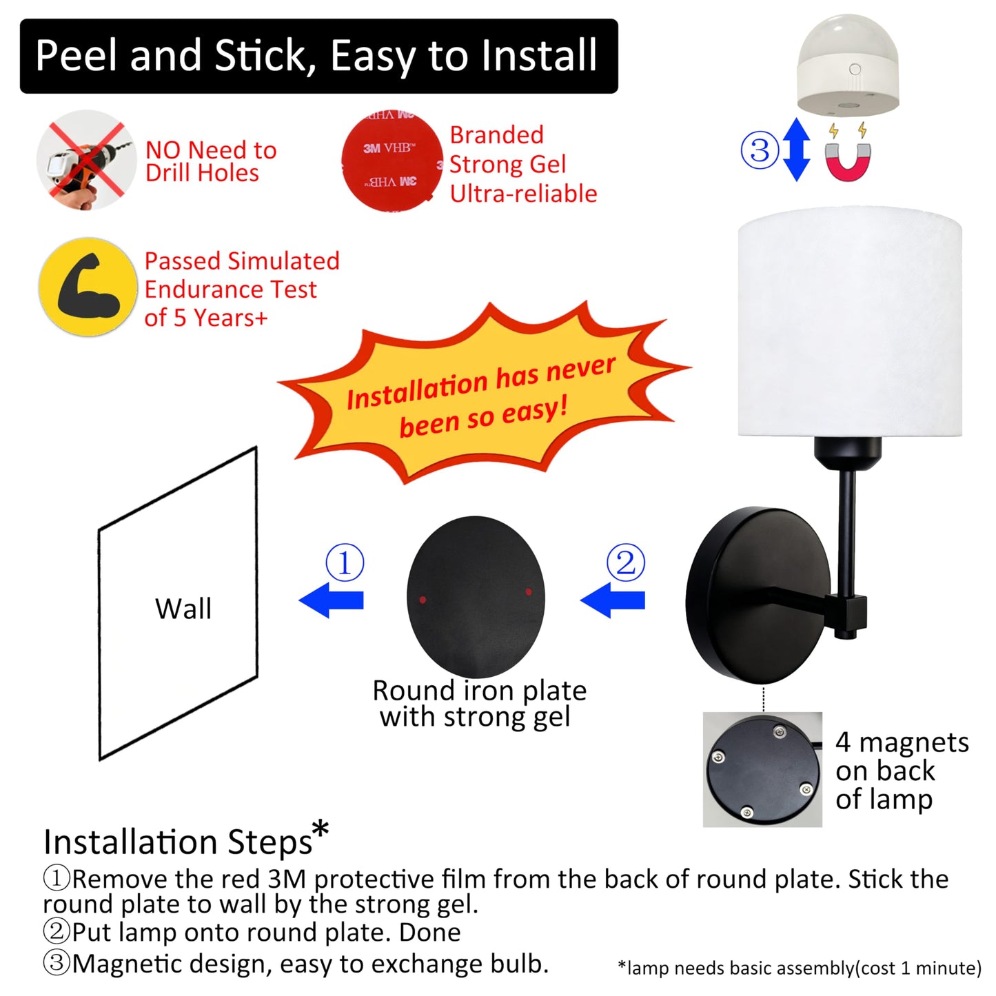 No Drill Peel and Stick Cordless Rechargeable Wall Sconces Battery Operated, Set of 2 Easy Install No Wiring Adhesive Wall Lights Home Decor Sconces for Living Room, Bedroom, Pictures (Black, 2-Pack)