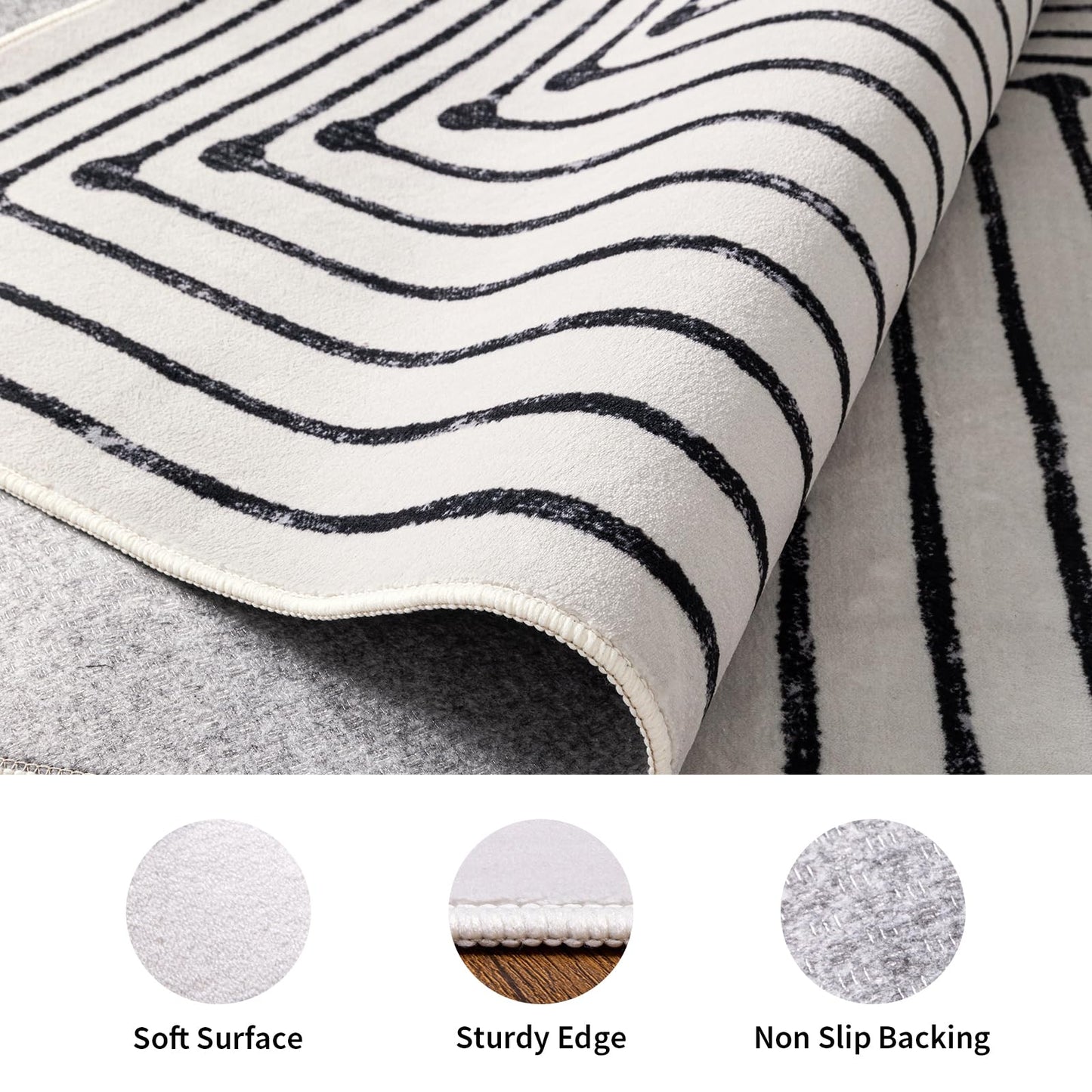 YIHOUSE Washable 5x7 Area Rugs for Living Room, Black and White Striped Rug for Bedroom Playroom Non Slip Low Pile, Soft Modern Geometric Carpet for Entryway Home Office Decor