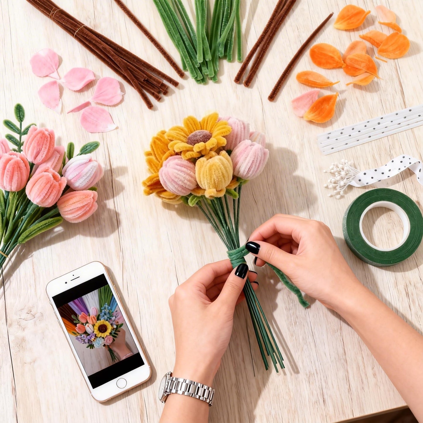700 Pieces Pipe Cleaner Flower Kit, 12 Colors Chenille Stems Craft Kit with Floral Wire, Tape, Stamen, Ribbon, Pearls & Wrapping Paper, DIY Pipe Cleaner Flowers for Crafts, Gifts, School Projects