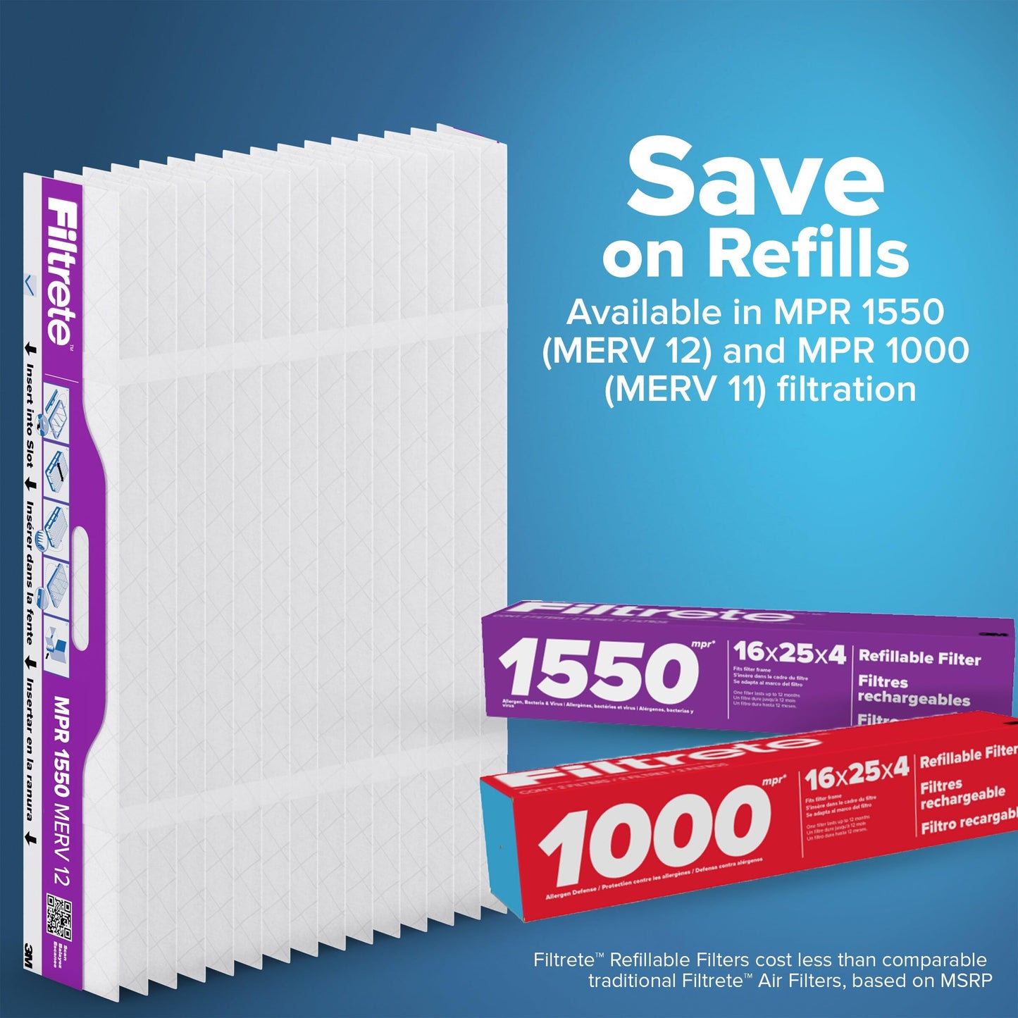Filtrete 20x25x4 Refillable Air Filter Starter Kit, MPR 1550, MERV 12, 1 Reusable Air Filter Frame & 2 Air Filters, Fits Honeywell & Lennox, Allergen Bacteria & Virus, Actual size 19.88 x 24.62 x 4.25