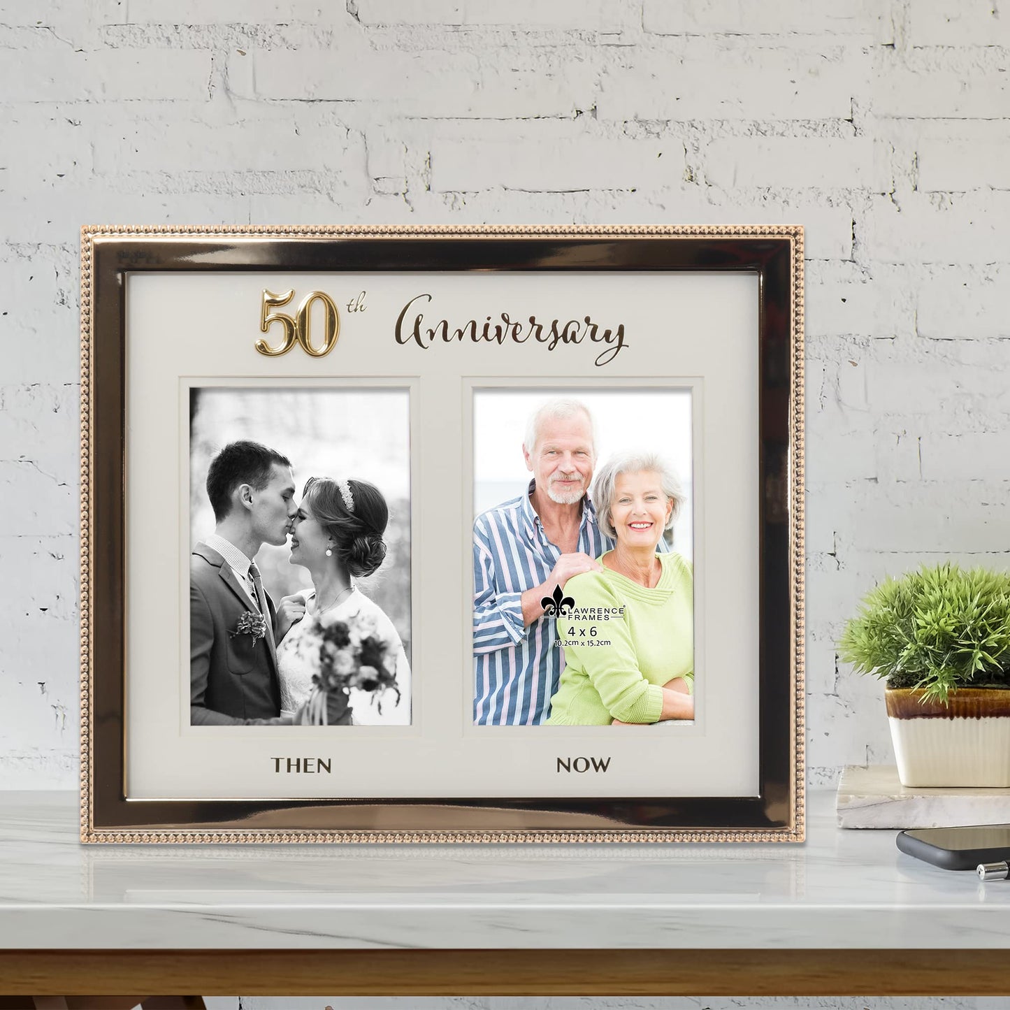 4x6 Double Gold Beaded Metal 50th Anniversary Picture Frame, Then and Now