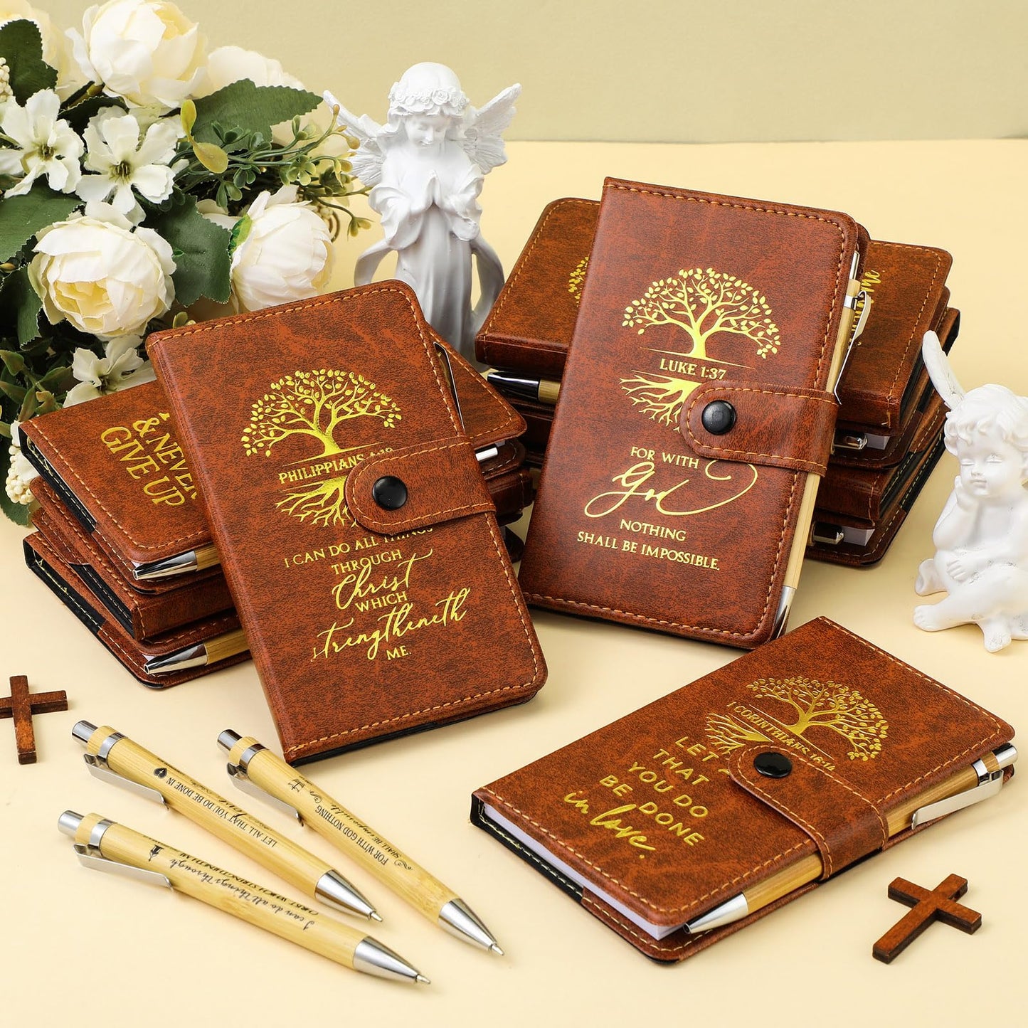 Spakon 60 Pcs Father's Day Christian Gifts Bulk Leather Prayer Journal Religious Scripture Notebook with Bible Verse Pens for Graduation Coworker Women Men Church Members (English Tree of Life)