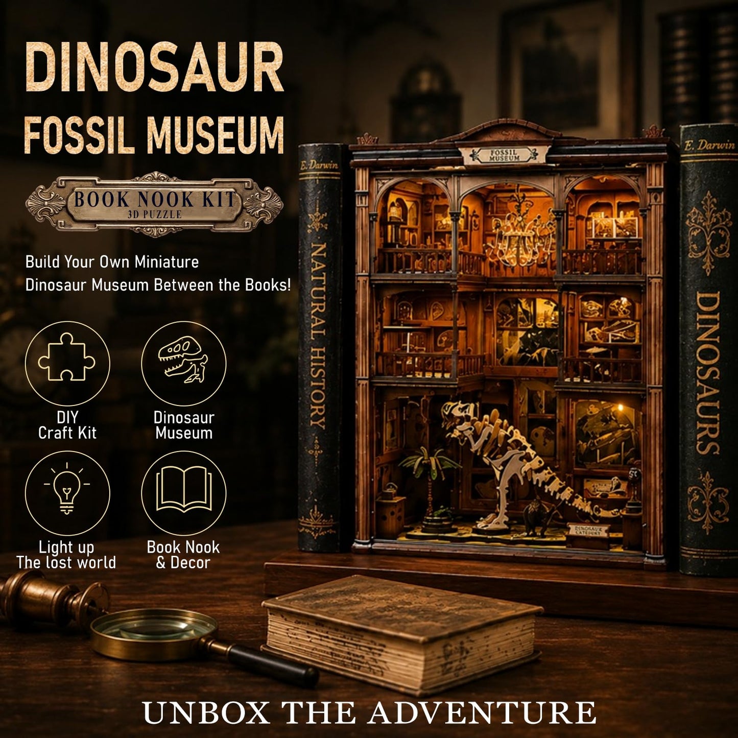 3D Puzzles for Adults DIY Book Nook Kit - Wooden Bookshelf Decor Miniature House Kit, Book Nook for Bookshelf with LED Light, Dinosaur Fossil Museum Bookend Craft Gift for Teens