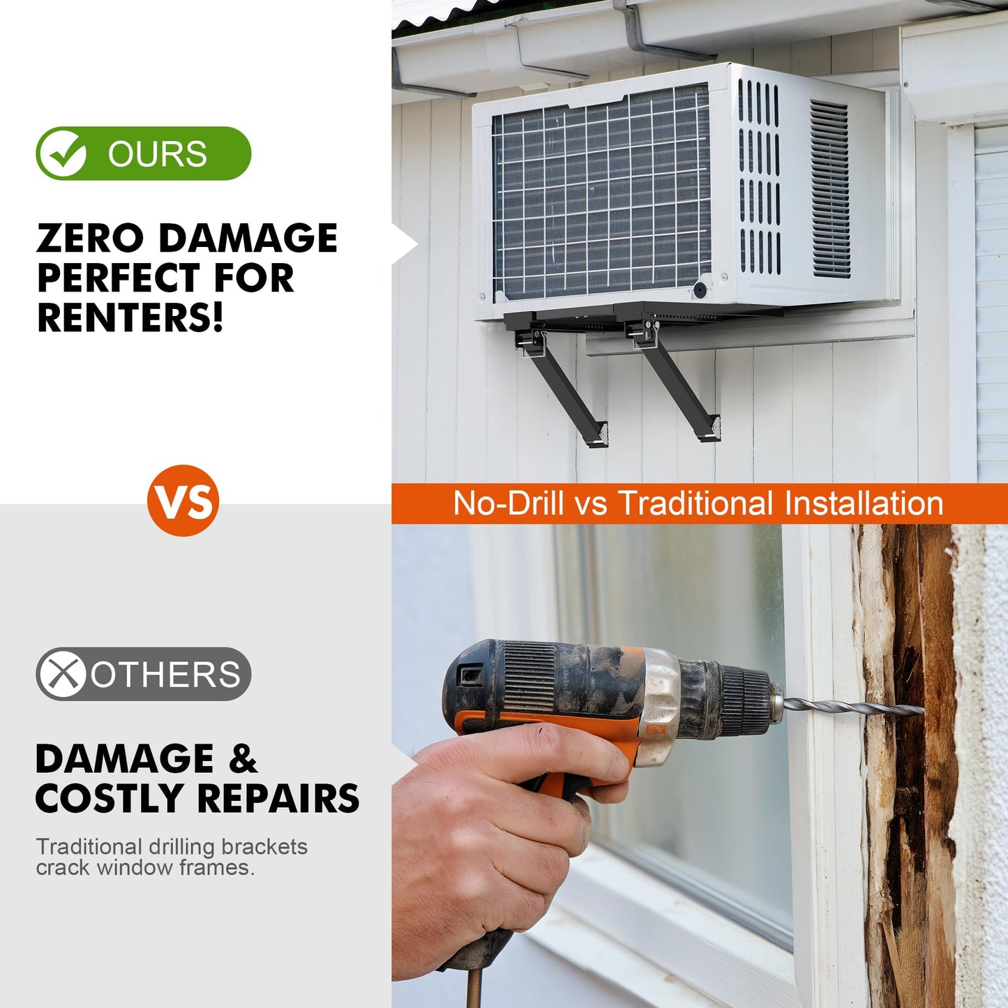 Marudina Upgraded No-Drill Window AC Bracket, Adjustable Window Air Conditioner Support Bracket for Single/Double Hung Windows, Heavy-Duty Holds 300lbs,Easy Installation, Rustproof Aluminum