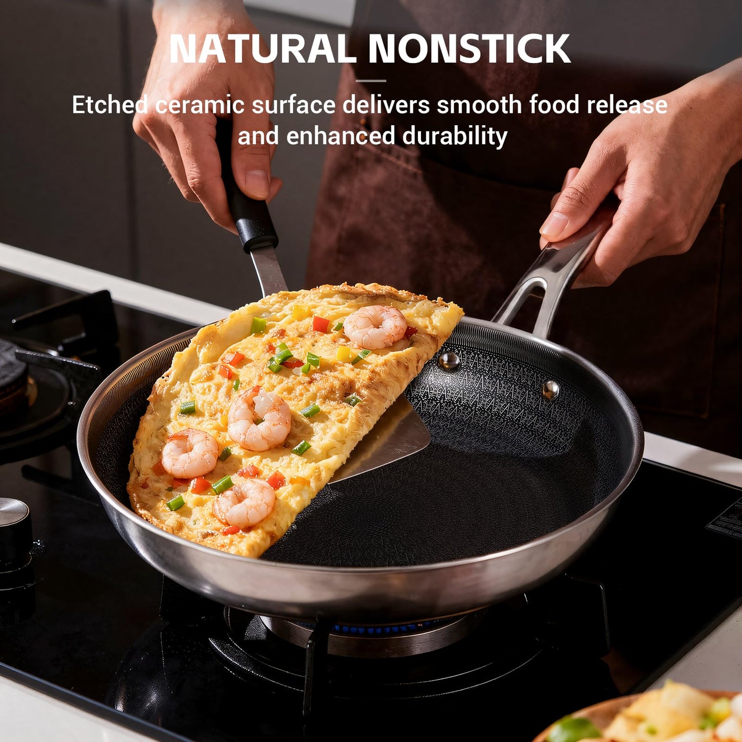 Ammeloo Hybrid Tri-Ply Stainless Steel Frying Pan Set, 8"/9.5"/11" Cooking Pans, Non Stick Frying Pans and Skillets, Chef Pan, Non Toxic, Dishwasher Safe, Induction Compatible, Black Interior