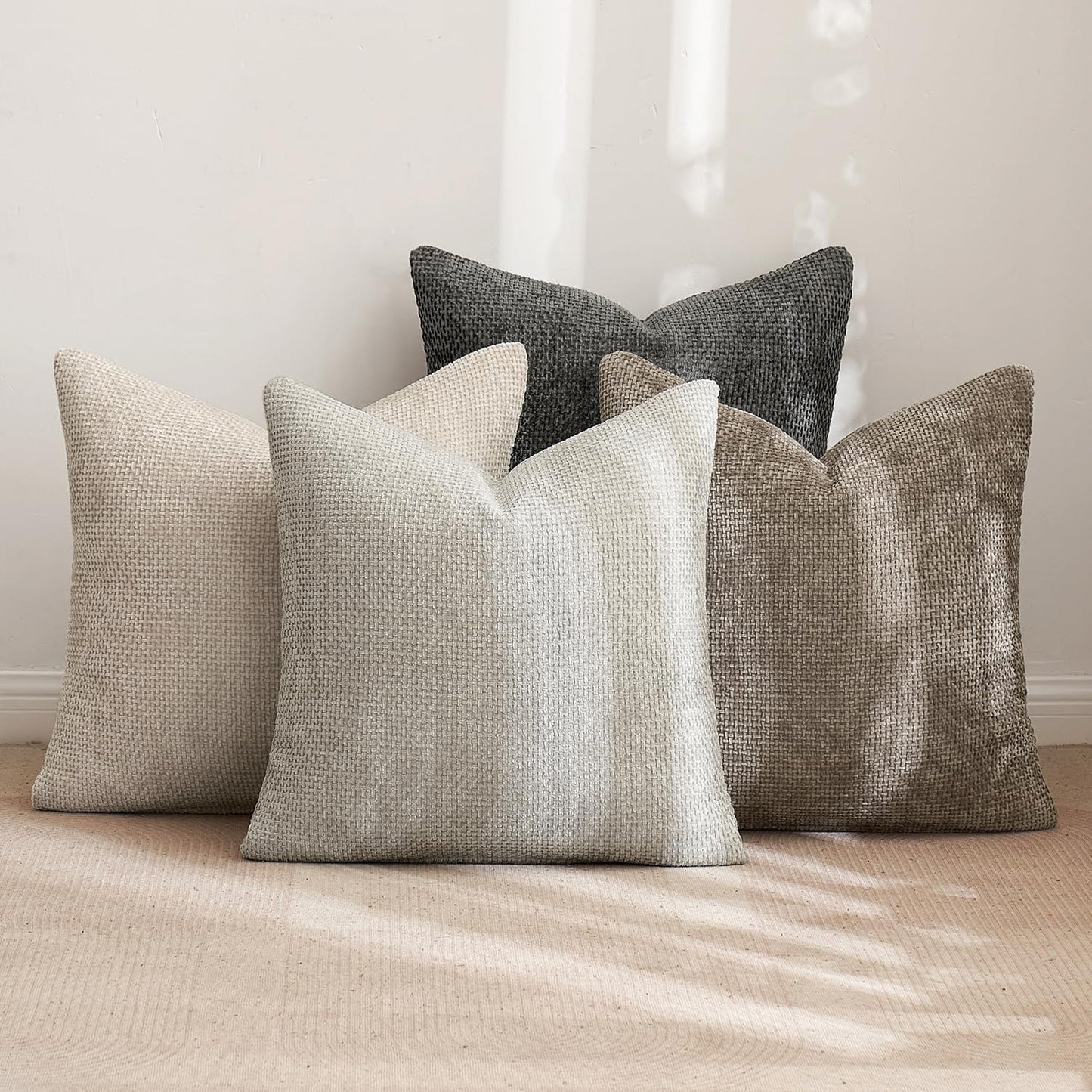 MIULEE Pack of 4 Couch Throw Pillow Covers 24x24 Inch Neutral Soft Decorative Chenille Pillow Covers Farmhouse Boho Accent Cushion Covers for Mid Century Modern Spring Decor Sofa Bedroom Living Room