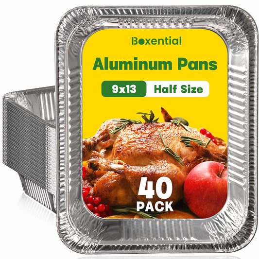 Boxential 9x13 Aluminum Pans [40 Pack], Extra Heavy Duty Half Size Disposable Aluminum Foil Pans, Deep Baking Pans for Cooking, Roasting, Heating, and Steam Tables