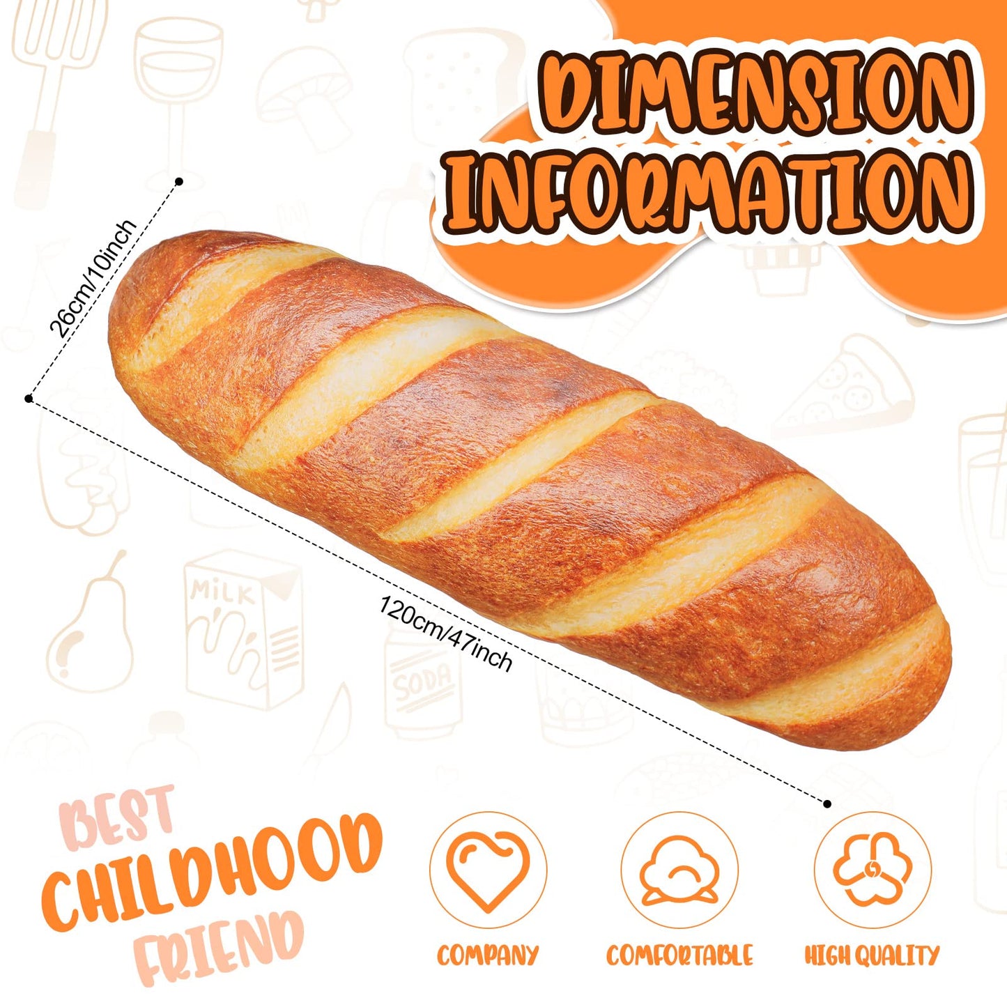 Yookeer 3D Simulation Bread Pillow 47.24 Inches Funny Food Pillow Giant Baguette Cushion Bread Body Plush Food Cushion for Valentine's Day Sleeping Decor