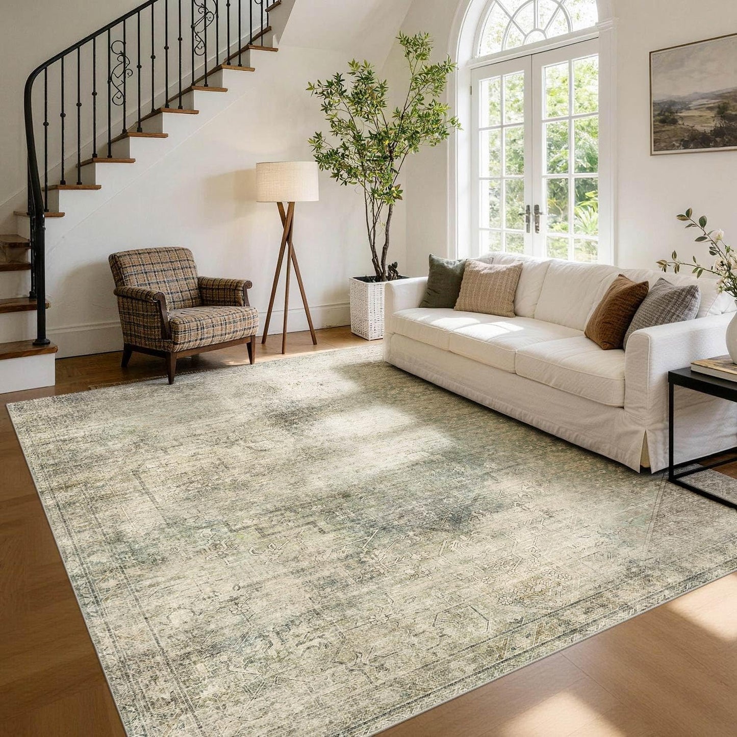 OHWPEAT Green Area Rugs for Living Room, 6x9 Washable Rugs for Bedroom, Dining Room, Kitchen, Boho Indoor Soft Large Rug for Classroom, Playroom, Non Slip Low Pile Distressed Carpets for Dorm Office