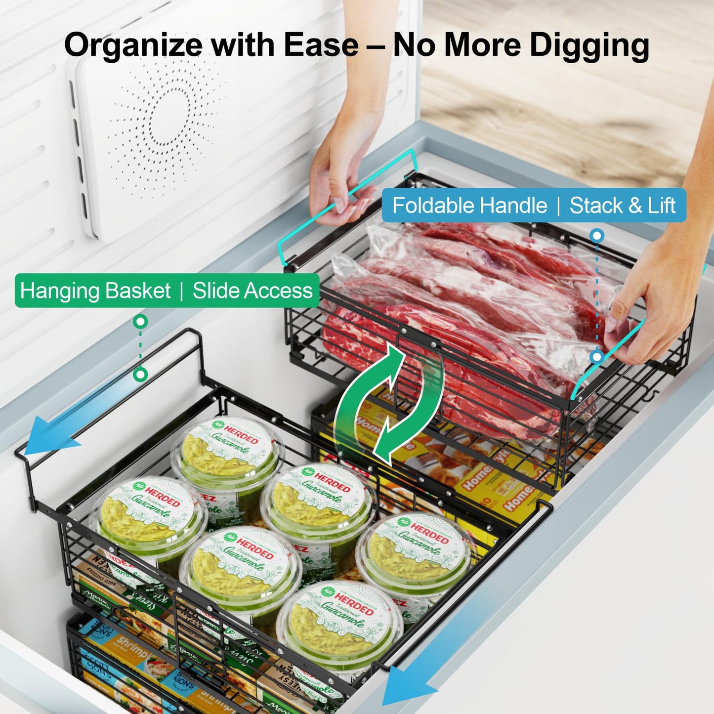 iSPECLE Freezer Organizer Bins for 10 to 20 Cu.Ft, 2 Pack Expandable Hanging Baskets Fit 17.5"-22.6" Width, Metal Wire Storage Racks for Deep Freeze, Not for Upright, Black