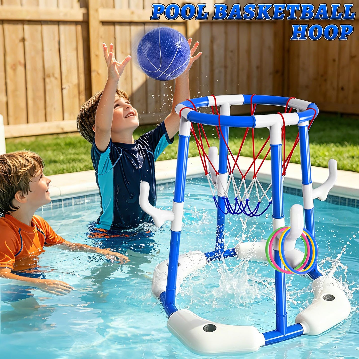 Sitodier Pool Basketball Hoop, 4-in-1 Floating Basketball Hoop with Rings Game Shooting Game and Sticky Balls for Family Party, Outdoor Swimming Pool Games Summer Water Sports Toy for Kids Age 3-12