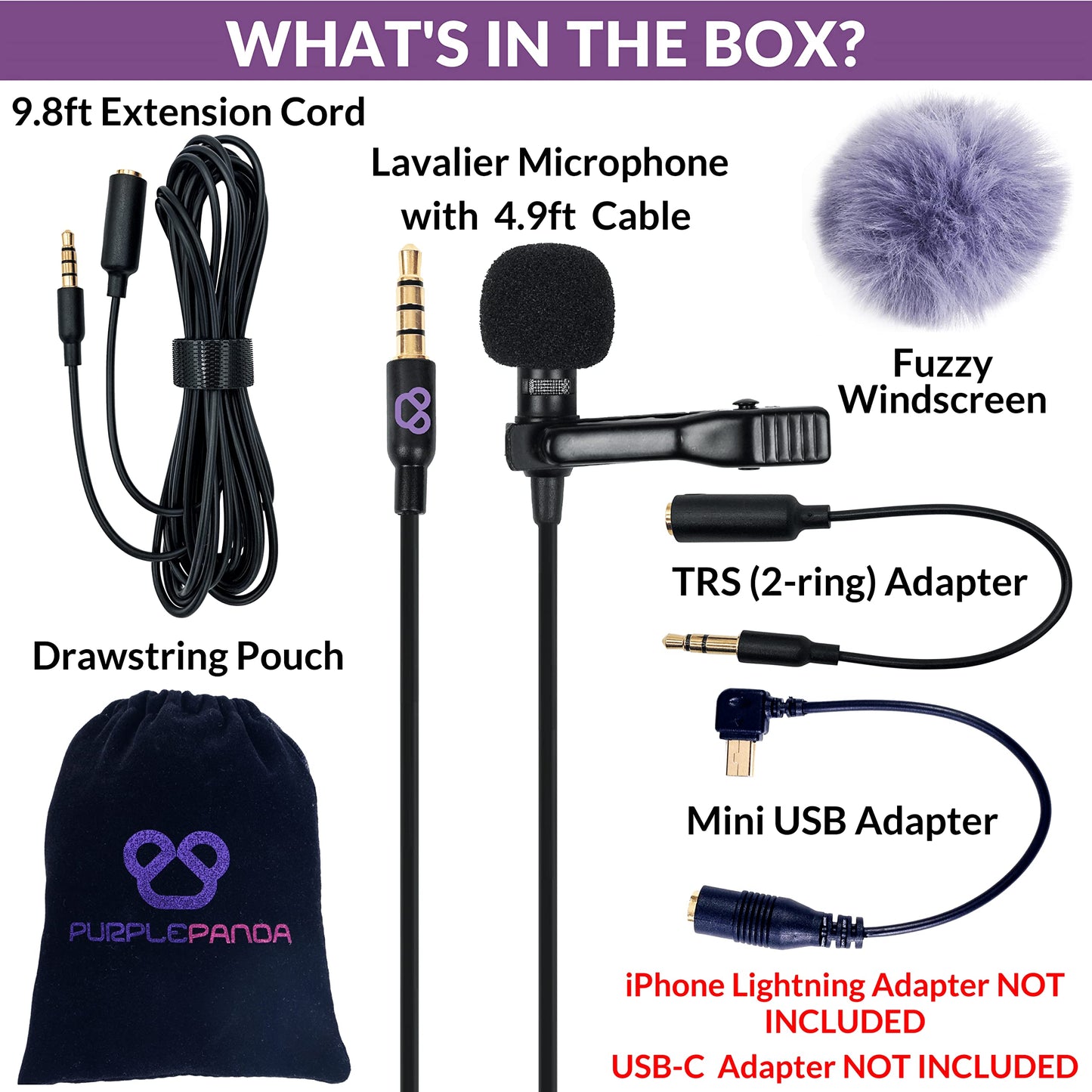 Purple Panda Lavalier Lapel Microphone Kit - Clip-on Omnidirectional Condenser Lav Mic Compatible with iPhone, iPad, GoPro, DSLR, Zoom/Tascam Recorder, Samsung, Android, PS4