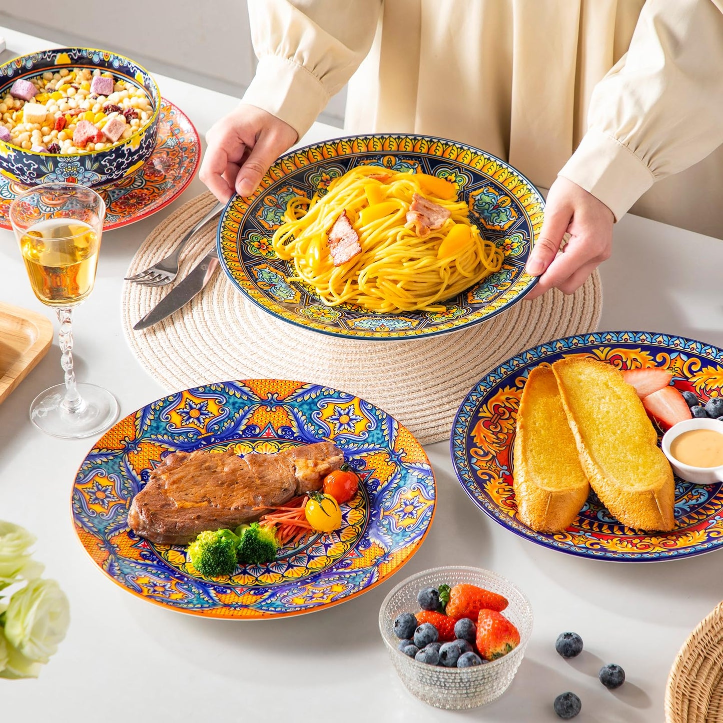 vancasso Colorful Dinner Plates Set of 6, 10.5 Inch Ceramic Kitchen Plates for Dinner, Bohemian Printed Dishes for Dining, Microwave & Dishwasher Safe Plate Set, Series KRVI