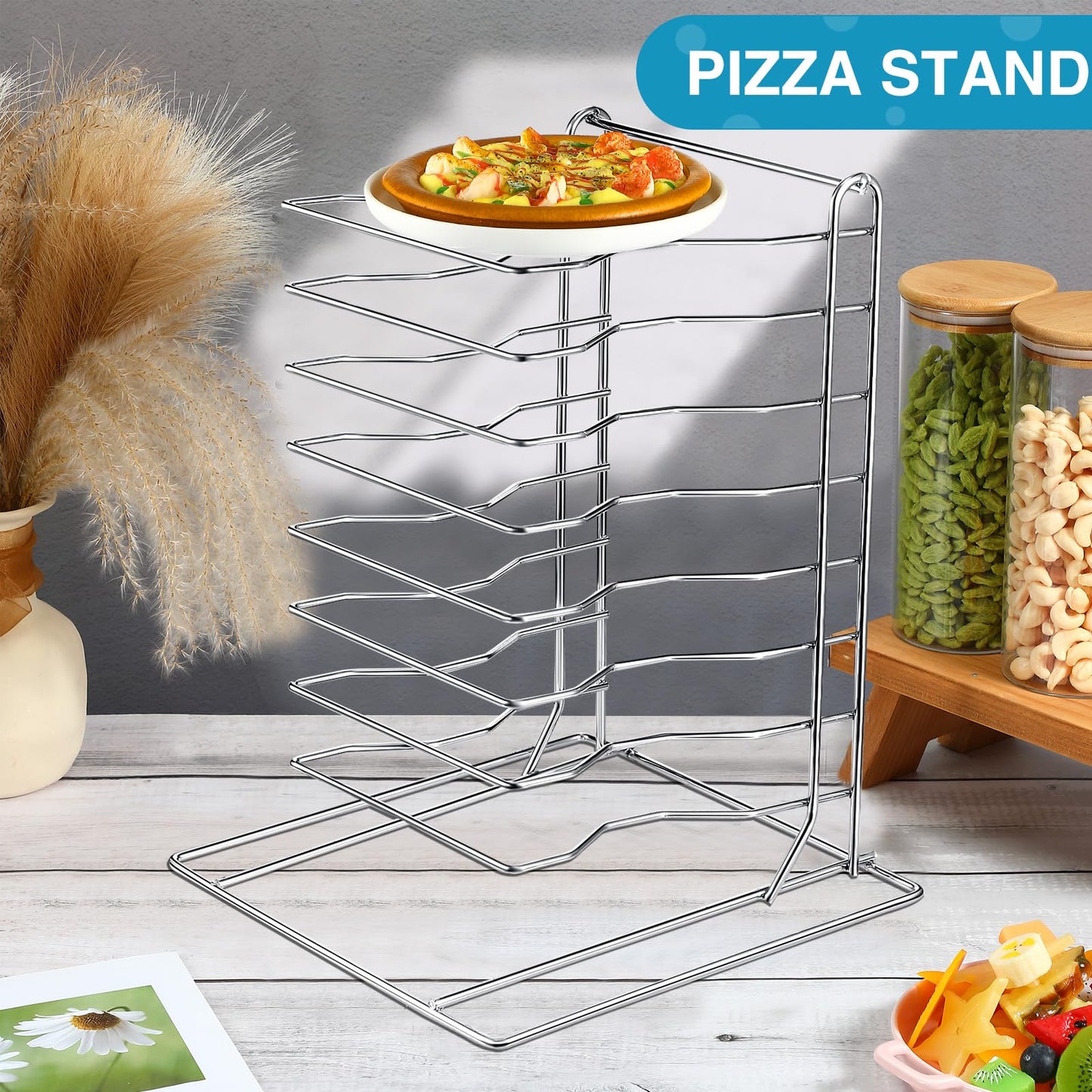 Suzile 1 Pcs Pizza Rack 8 Tier Pizza Stand 9.5 L x 8.1 W x 16.5 H Stainless Steel Pan Rack Holder for Party Buffet Table Platter Tray Display Stands for Home, Restaurant, Catering
