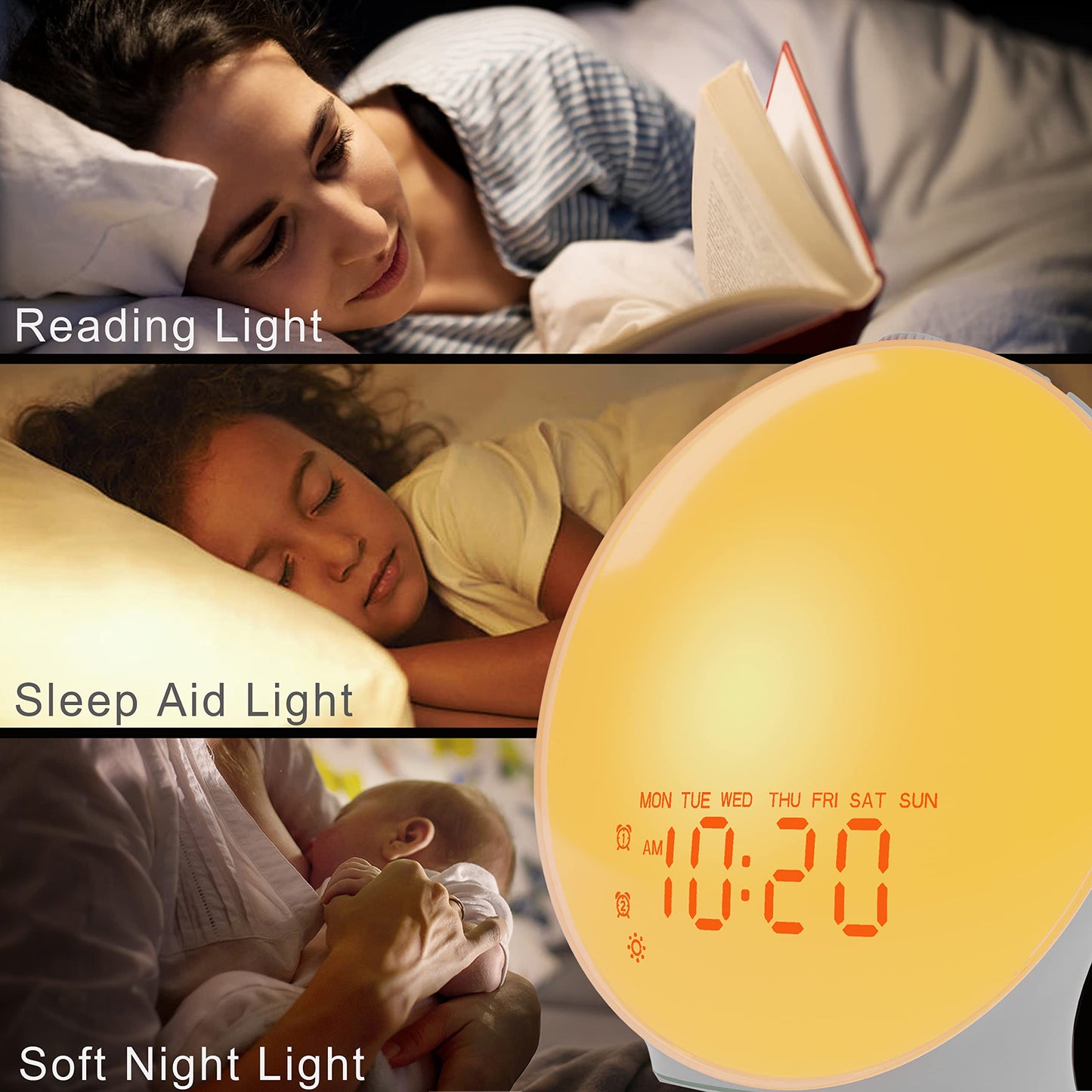 Wake Up Light Sunrise Alarm Clock for Bedroom, 17 Nihgtlights, Sound Machine with 5W Bluetooth Speaker, 25 Soothing Sounds, SleepTimer, Dual Alarms, FM Radio, Ideal Gift for Baby, Kids, Adults, Senior