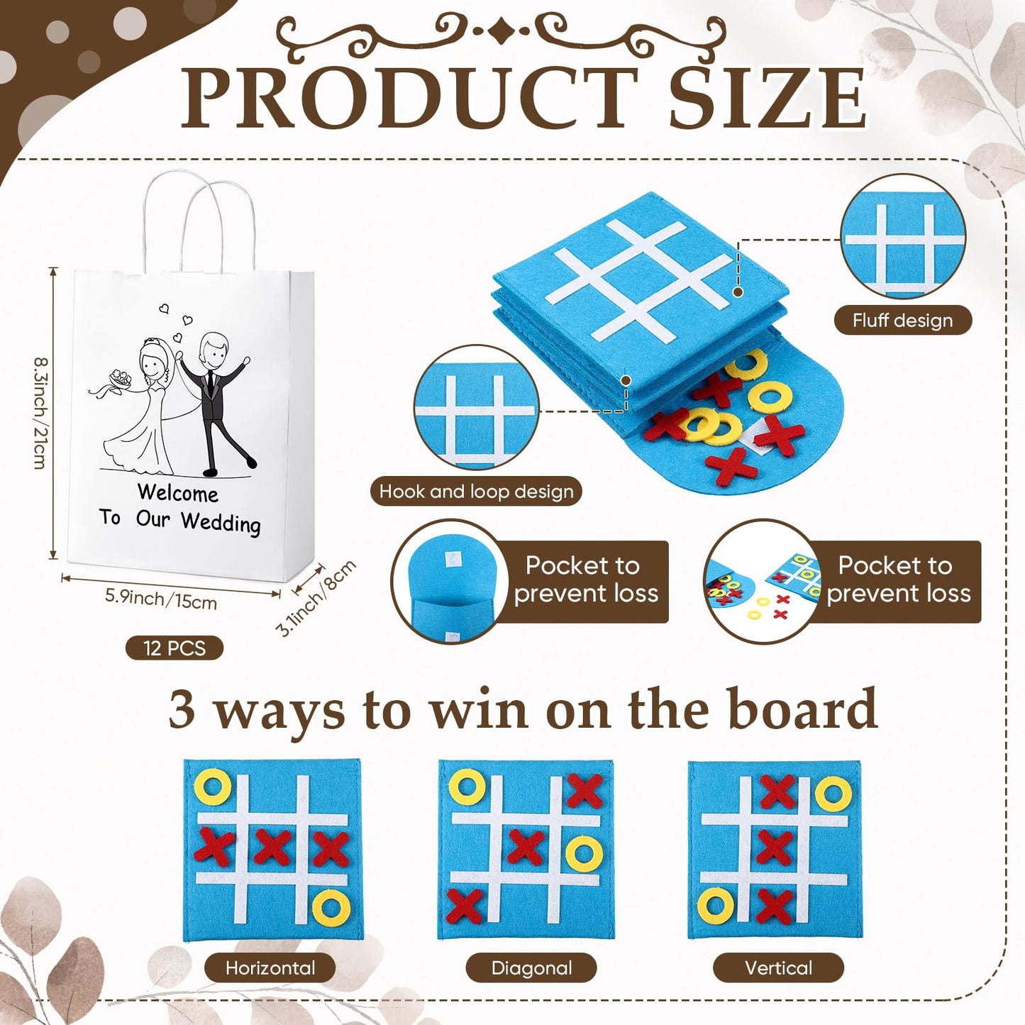 VercanMonth 60 Pcs Wedding Activities Includes 12 Wedding Gift Goodie Bags with Watercolor Pen 6 Snake Cube 12 Scratch Bookmarks 12 Animal Sticker 6 Felt Mini Board Game for Boys Girls Wedding Games