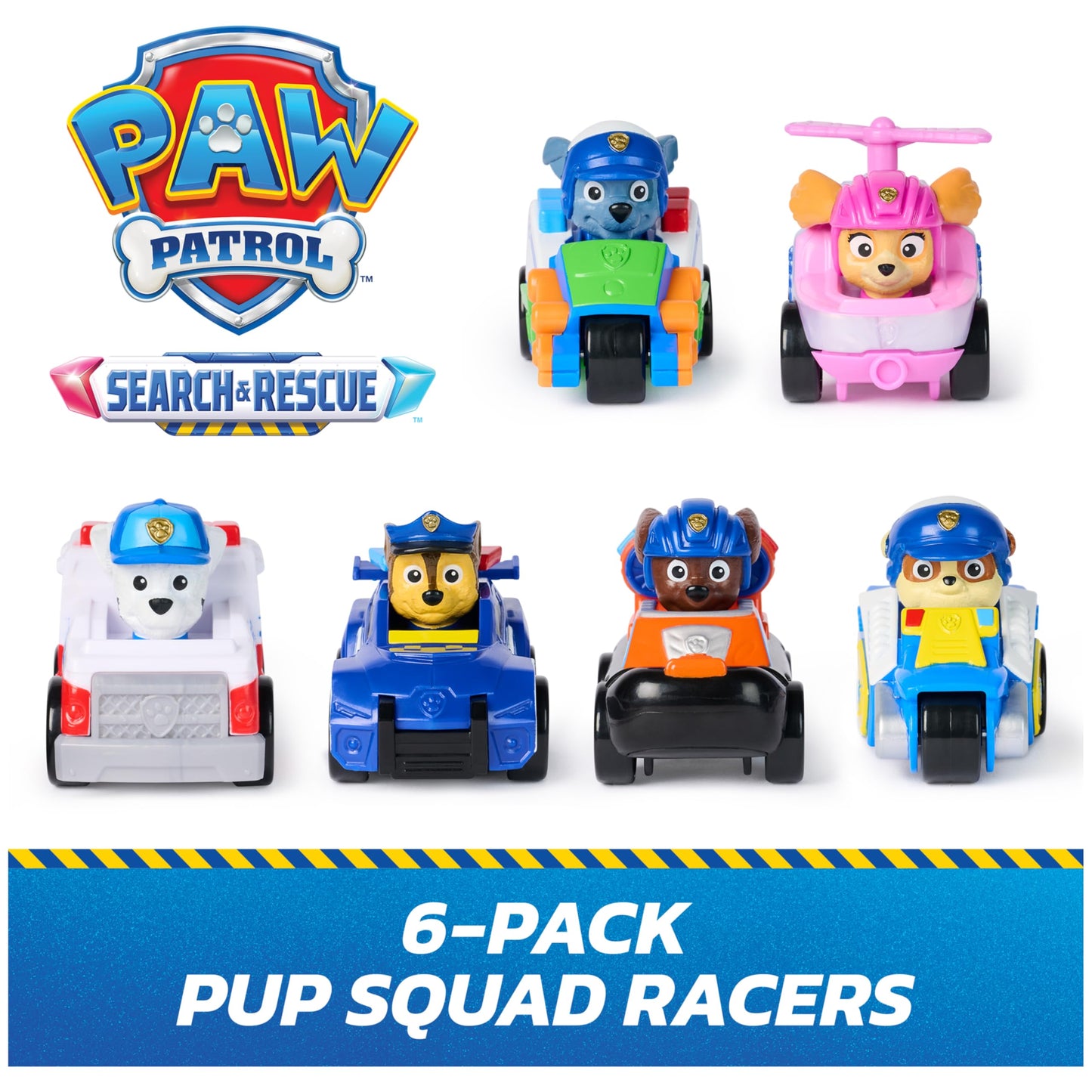PAW Patrol Search & Rescue, Pup Squad Racers, 6-Pack of PAW Patrol Vehicles with Chase, Marshall, Skye, Rubble, Rocky, & Zuma, Kids Toys for Boys & Girls Ages 3 and Up