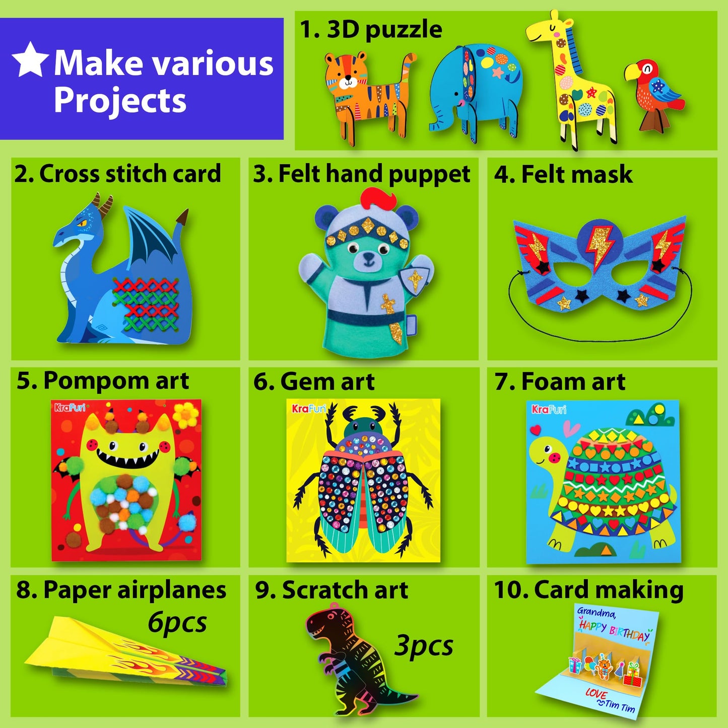 KRAFUN My First Craft Workshop Art and Craft Kit for Kids - 19 Projects in 10 Envelopes, Origami, Puppets, Lacing & Pompoms, Creative Educational Activities Boys Girls Toddlers Ages 3 4 5+