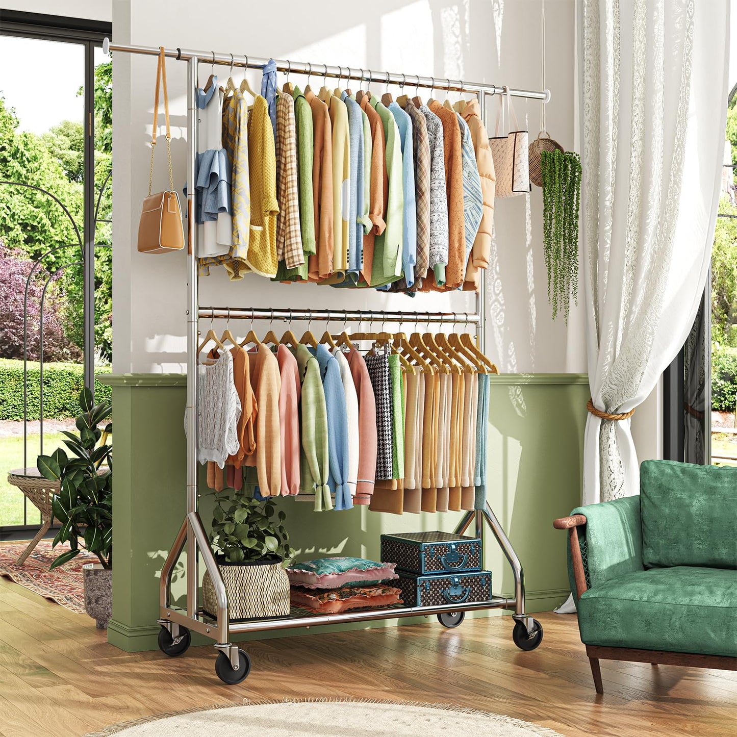 Simple Trending Heavy Duty Clothes Rack, Double Rod Clothing Rack for Hanging Clothes, Rolling Garment Racks with Lockable Wheels, for Bedroom Laundry Living Room, Chrome