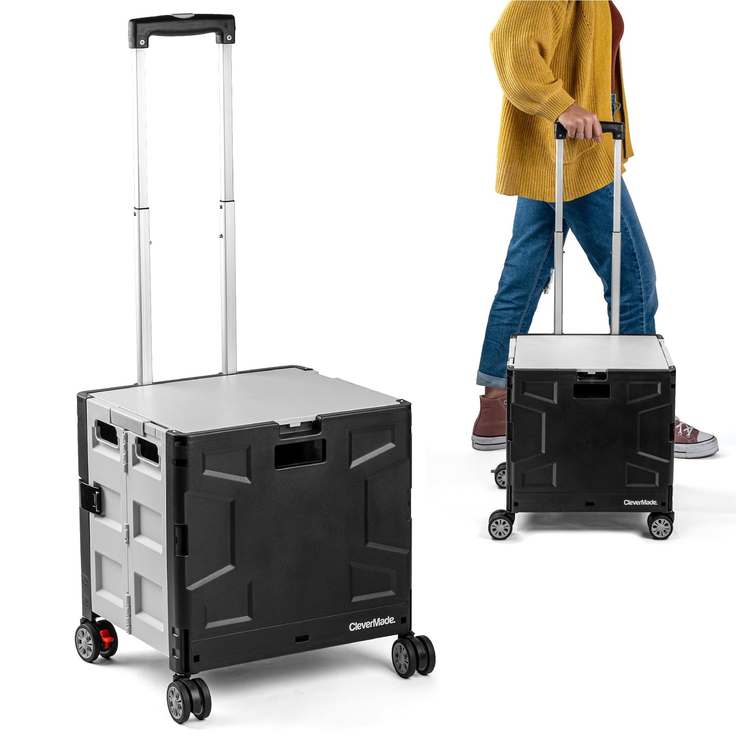 CleverMade Collapsible Crate on Wheels with Handle (35L, 4-Wheel) – Collapsible Rolling Cart with Lid, Foldable Utility Cart for Teachers, Groceries, Travel, Office Storage – Holds 75 lbs, Cool Gray