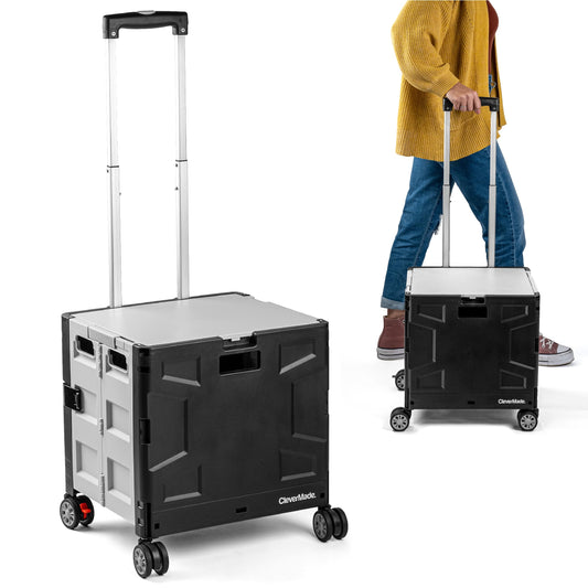 CleverMade Collapsible Crate on Wheels with Handle (35L, 4-Wheel) – Collapsible Rolling Cart with Lid, Foldable Utility Cart for Teachers, Groceries, Travel, Office Storage – Holds 75 lbs, Cool Gray