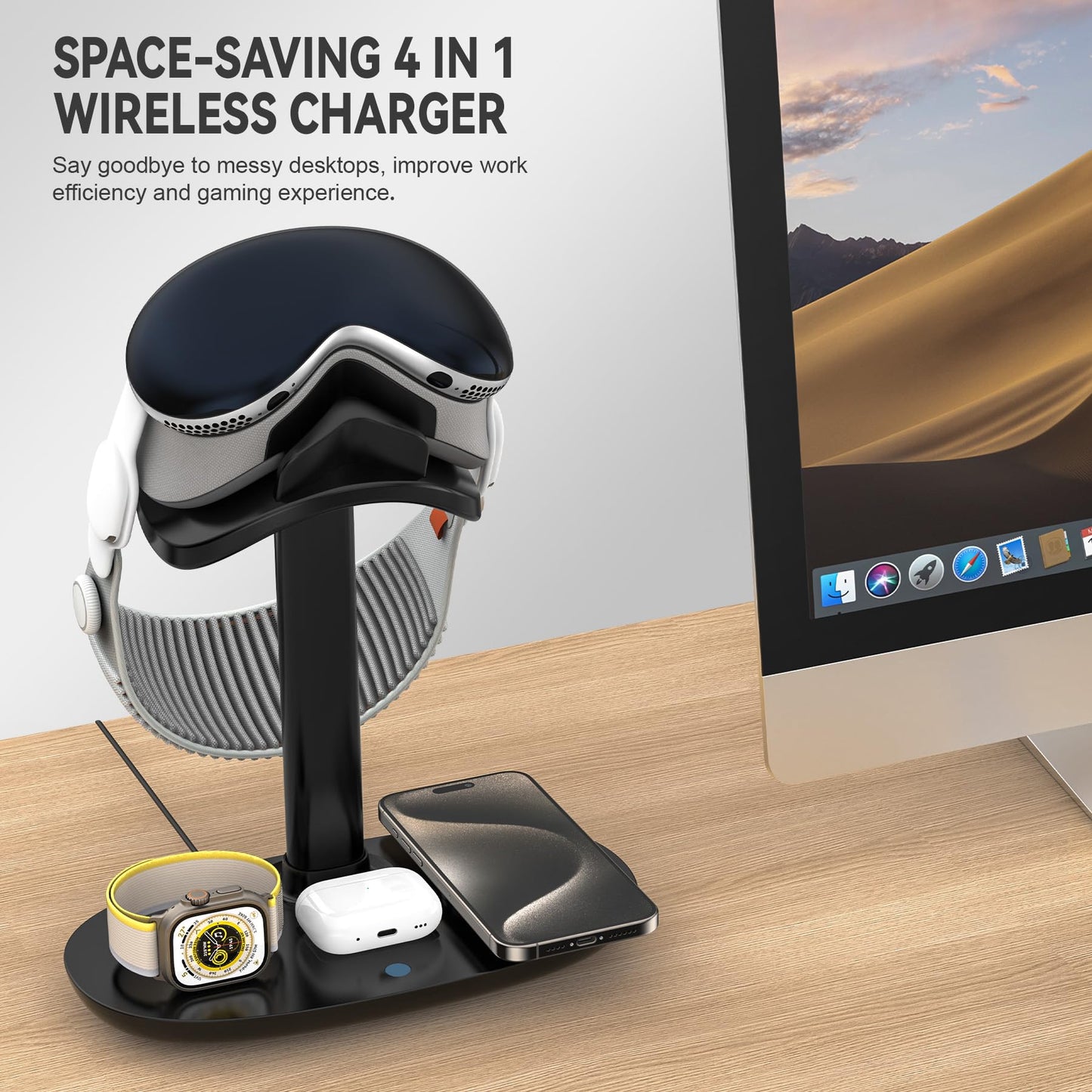 Stand for Apple Vision Pro with Wireless Charger, Suguder 4 in 1 Headphones Holder with Charging Station for AirPods Max/Pro/3/2 iWatch 10/9/8/7/6/5/4 iPhone 16/15/14/13/12 for Desktop Table Game
