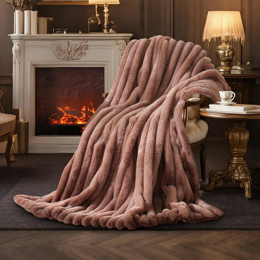 Amelie Home Faux Fur Throw Blanket for Couch, Ultra Cozy Fuzzy Fluffy Fur Luxurious Soft Striped Plush Gift Blankets for Family Sofa Chair Bedroom, 55"x70", Ionic Fox Brown