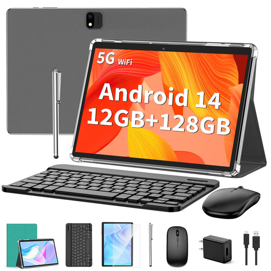 Android Tablet with Keyboard, Android 14 Tablet, 12(6+6)GB+128GB, 1TB Expand, 2 in 1 Tablet, 10 inch Tablet with Case, Mouse, Stylus, 8000mAh Battery, 2.4G/5G WiFi, GPS, Certified Tablet PC, Green