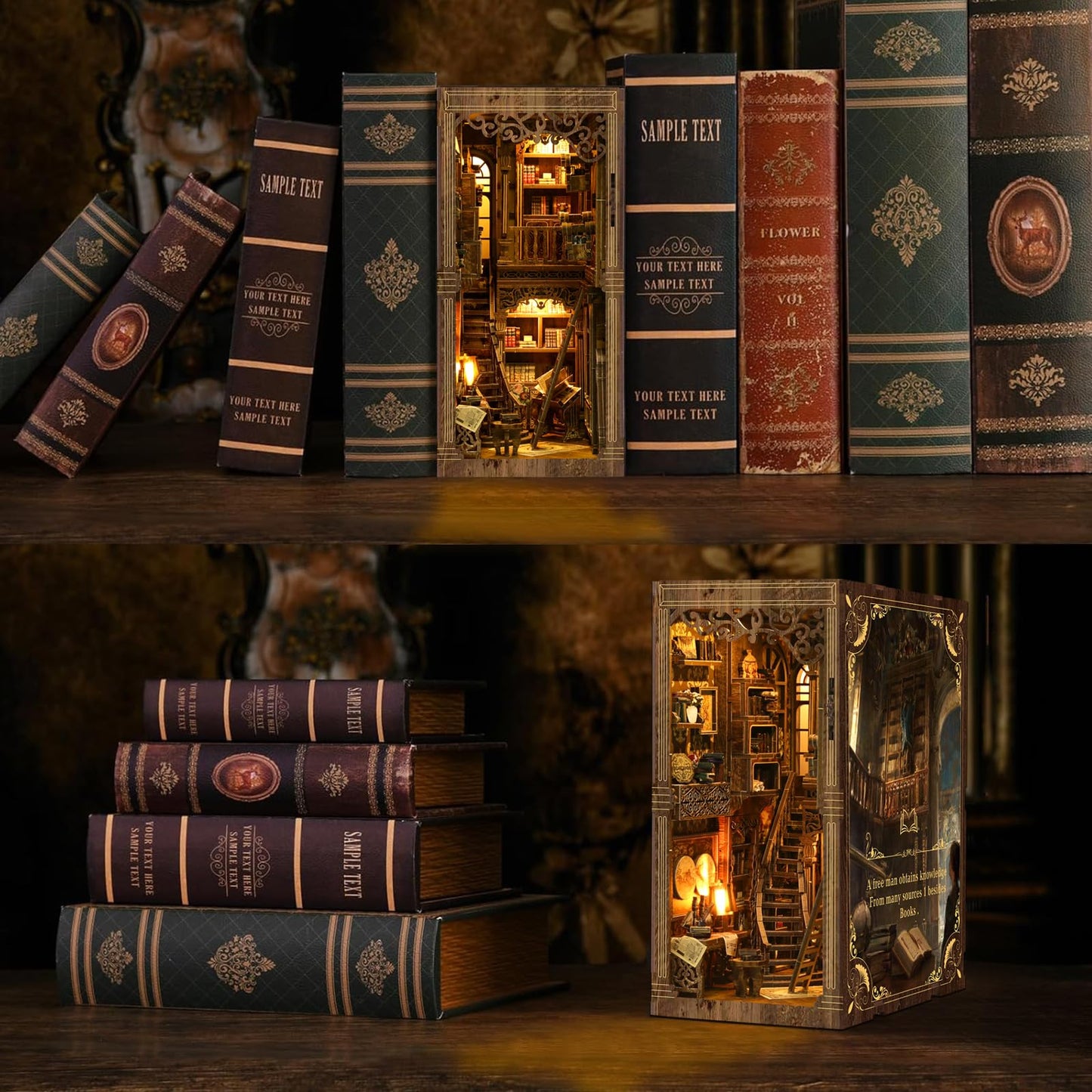 Book Nook Kit - DIY Miniature Dolls House Kit with Furniture and LED Light, 3D Puzzle Wooden Art Bookends, Model Kits for for Adults and Teens (Ancient Books)