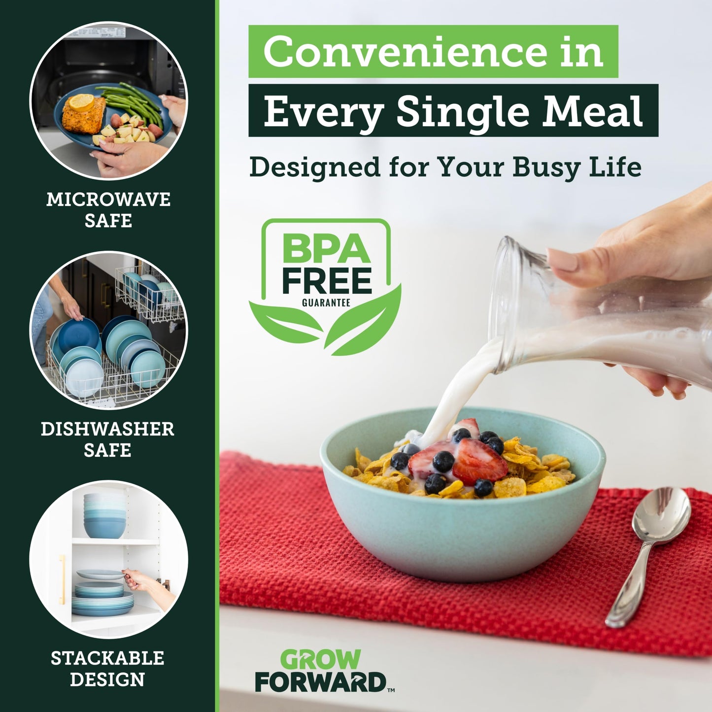 Grow Forward 24-piece Premium Wheat Straw Dinnerware Sets for 8 - Unbreakable Dishwasher & Microwave Safe Plastic Plates and Bowls Sets - Patio, Outdoors, RV, Camping Dishes - Seascape