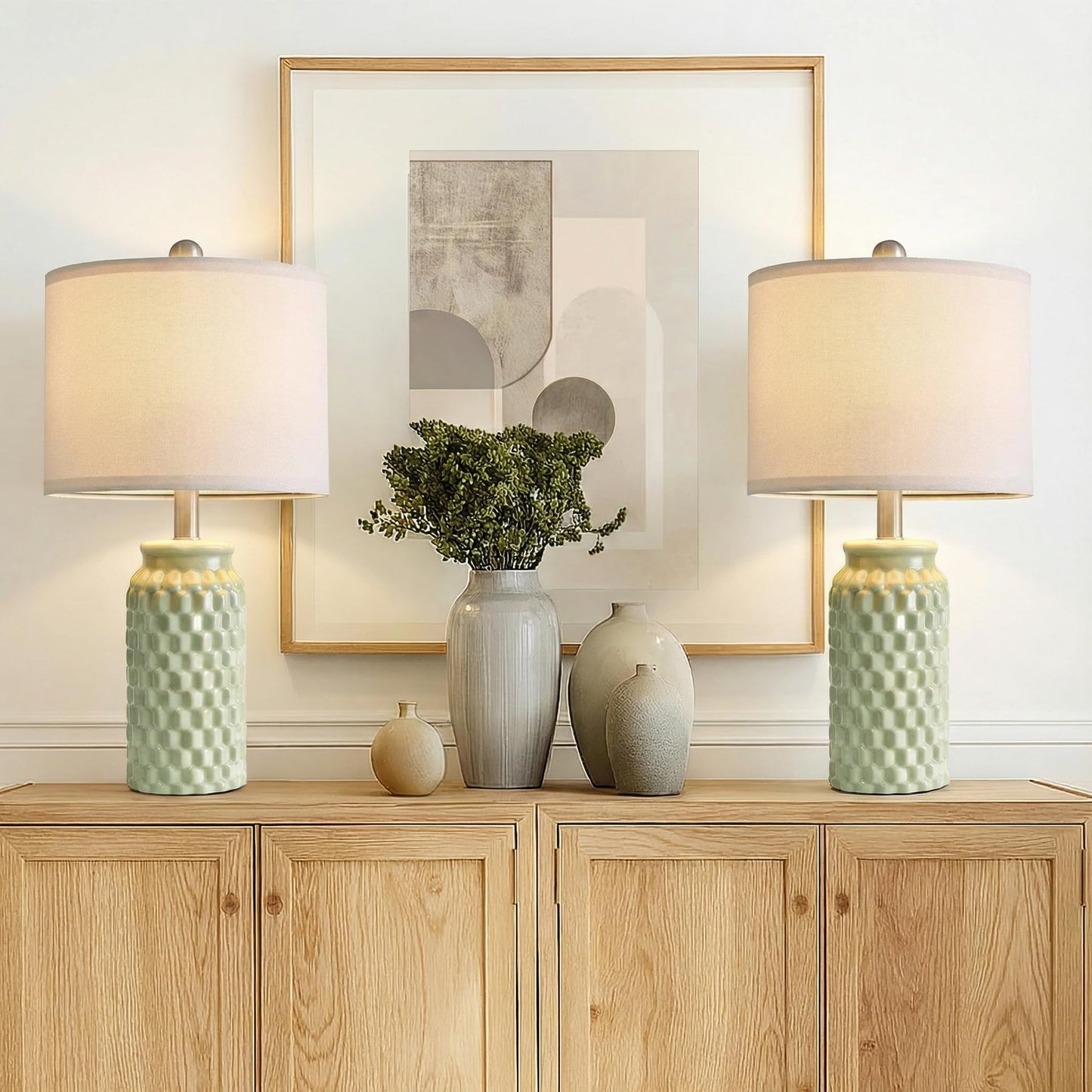 Vortether 20.5" Small Bedside Lamps Set of 2 with 5FT Cord, Green Ceramic Modern Farmhouse Table Lamps for Nightstand, Living Room, Bedroom, 3D Honeycomb Stylish End Table Lamps(Bulb Not Included)