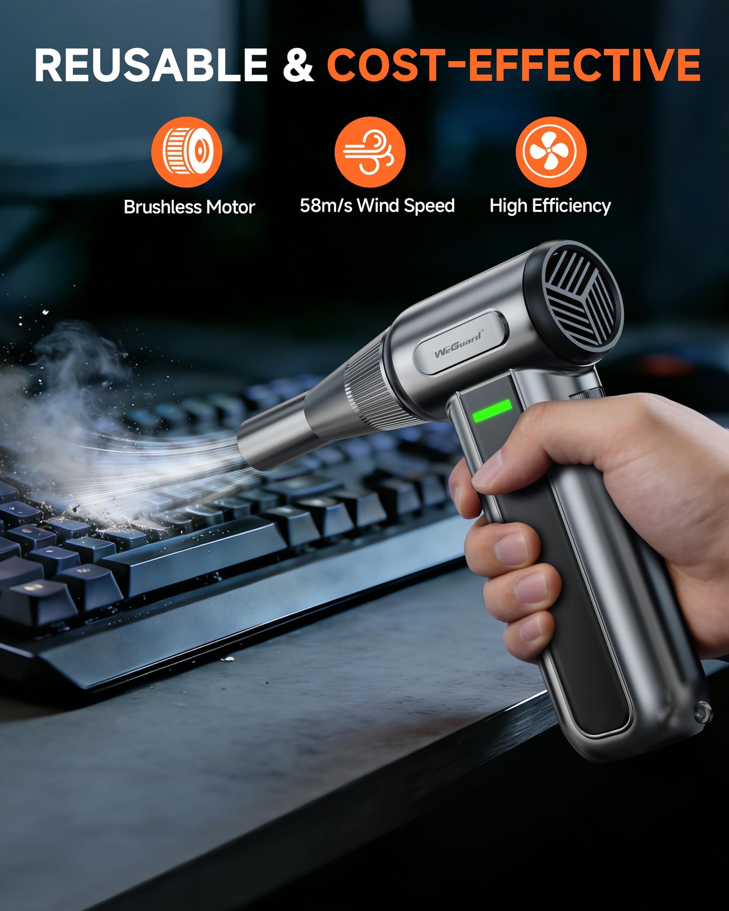 WeGuard W22 Electric Air Duster, 180000 RPM Compressed Air Duster with LED Light, 3-Speed Adjustable/Compressed Air Can Alternative, Dust Blower for Computer, Keyboard, Car, Leaves, Outdoor