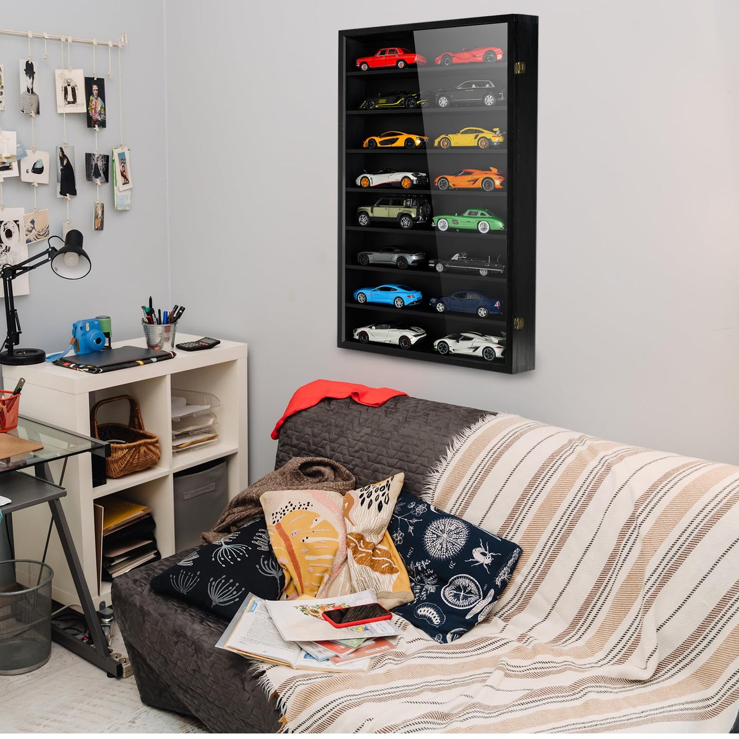 1/24 Scale Diecast Display Case Wall Mount Clear Model Car Display Case Model Cars Storage Cabinet Rack with Acrylic Door Holds 16 Cars