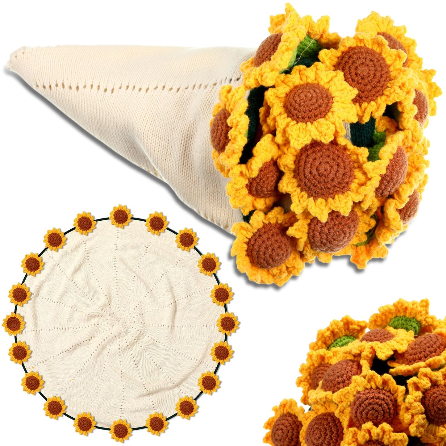 WovWeave Sunflower Crochet Knitted Blanket - 31.5 inch Finished Yellow Floral Bloomie Bouquet Blanket for Women Birthday Gift Anniversary Wedding Party Favors