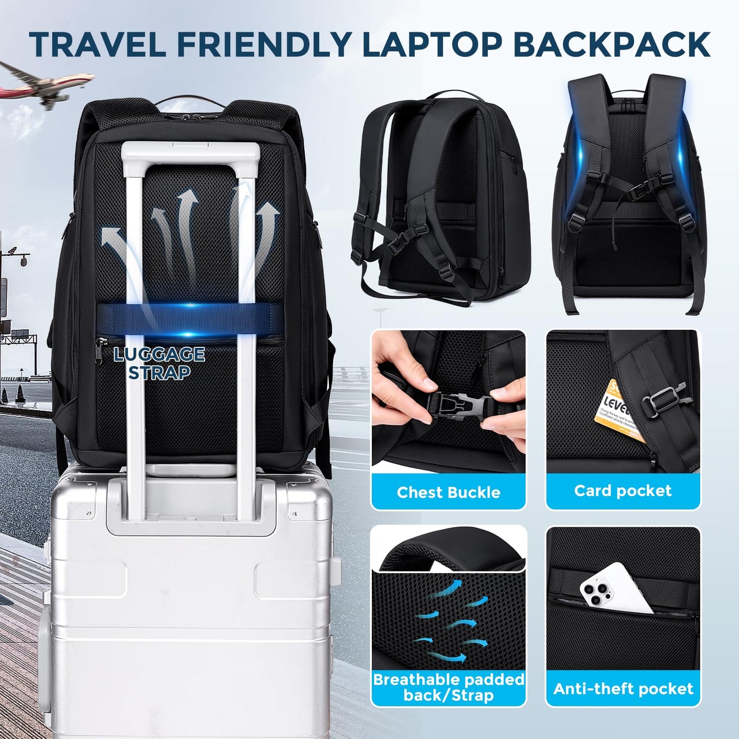 Fenree.geer Travel Laptop Backpack for Men, Expandable Water Resistant 15.6 Inch Computer Backpack with USB Port, Mens Hardshell Laptop Bag for Business/Work/College, Black